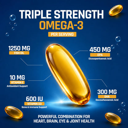 NATURALTEIN Omega-3 Fish Oil Softgels, Triple Strength 1250mg, with Vitamin D3 & E, Triglyceride Form, Glyphosate-Free - pack