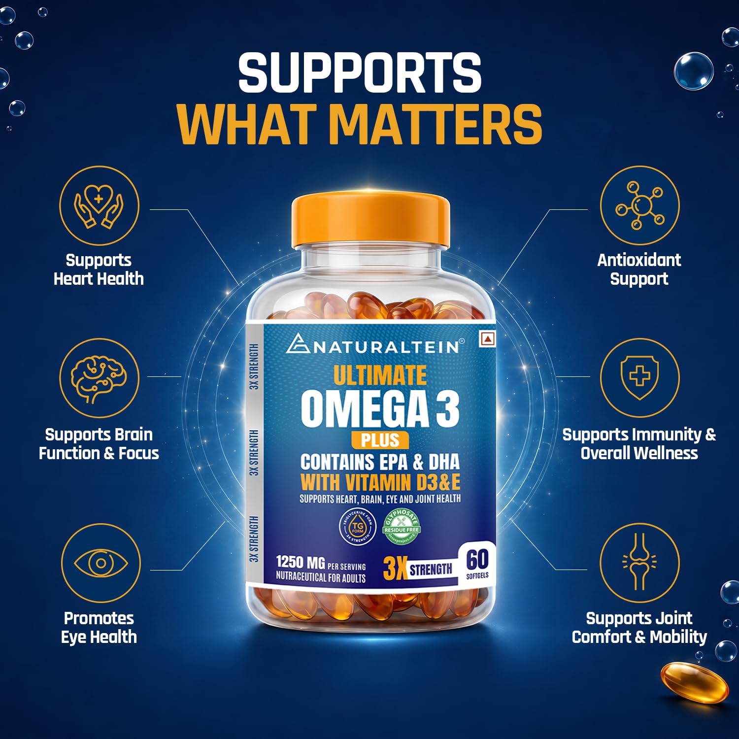 NATURALTEIN Omega-3 Fish Oil Softgels, Triple Strength 1250mg, with Vitamin D3 & E, Triglyceride Form, Glyphosate-Free - labe