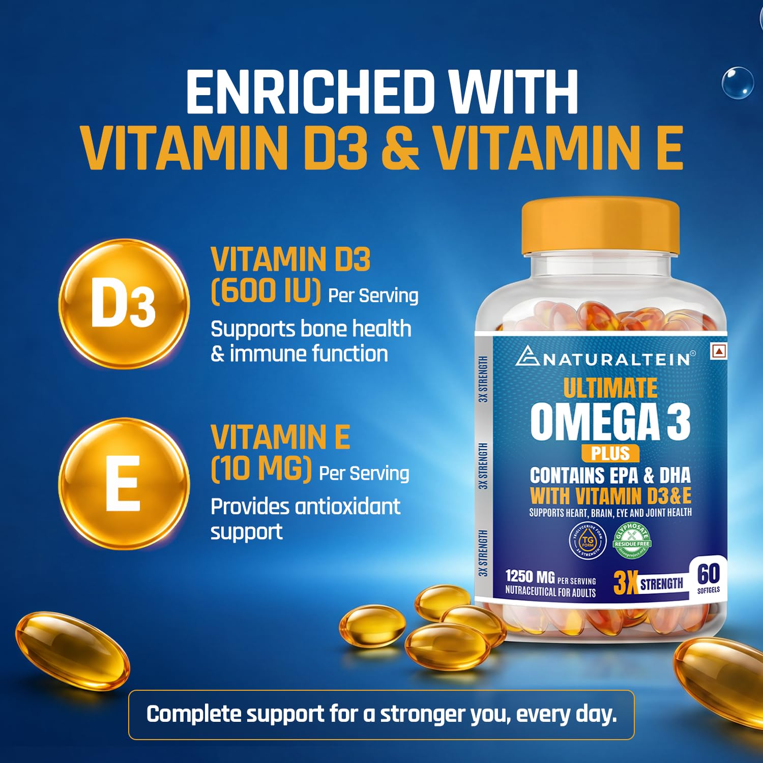 NATURALTEIN Omega-3 Fish Oil Softgels, Triple Strength 1250mg, with Vitamin D3 & E, Triglyceride Form, Glyphosate-Free - clos