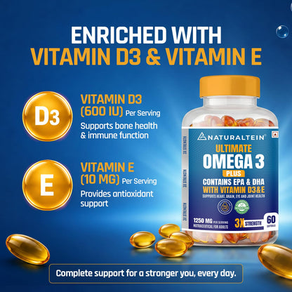 NATURALTEIN Omega-3 Fish Oil Softgels, Triple Strength 1250mg, with Vitamin D3 & E, Triglyceride Form, Glyphosate-Free - clos