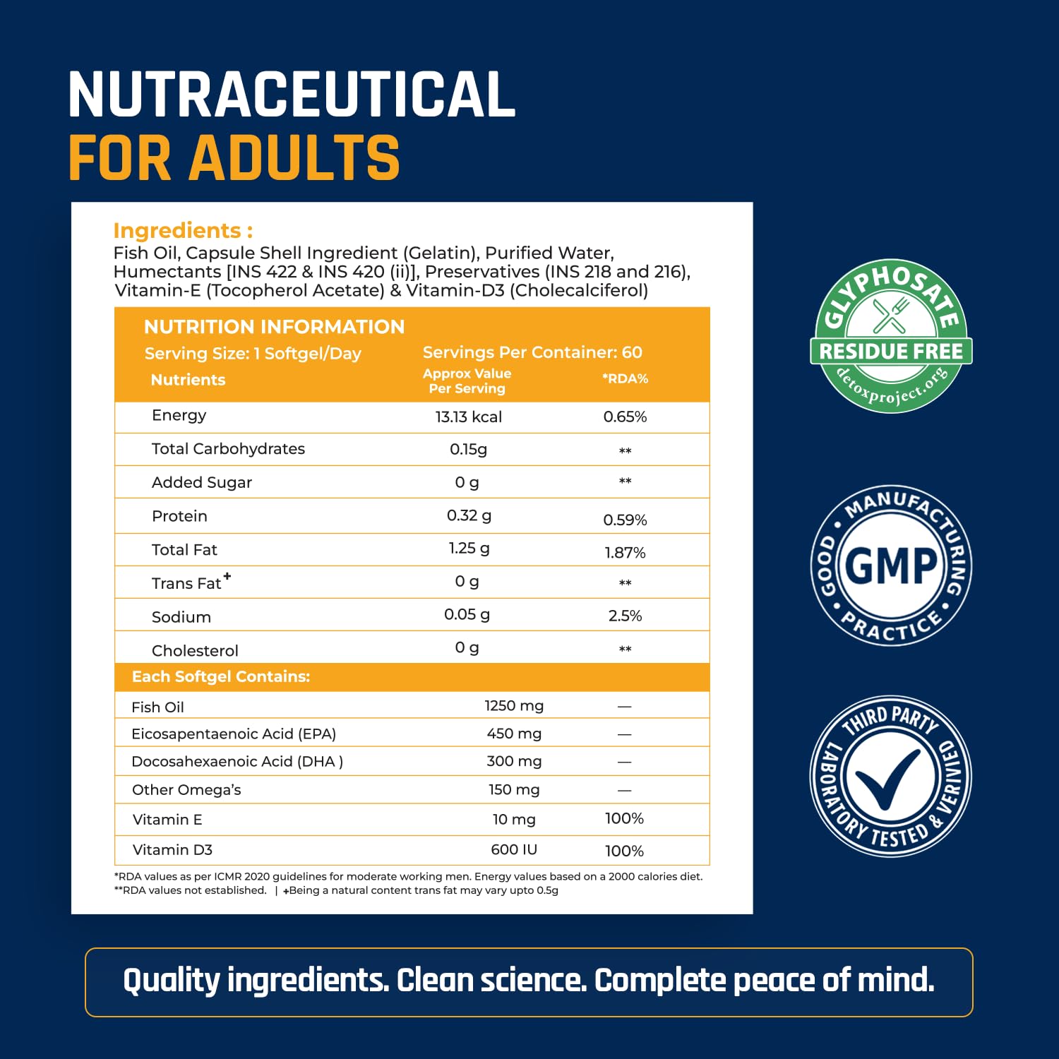 NATURALTEIN Omega-3 Fish Oil Softgels, Triple Strength 1250mg, with Vitamin D3 & E, Triglyceride Form, Glyphosate-Free - size
