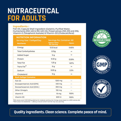 NATURALTEIN Omega-3 Fish Oil Softgels, Triple Strength 1250mg, with Vitamin D3 & E, Triglyceride Form, Glyphosate-Free - size