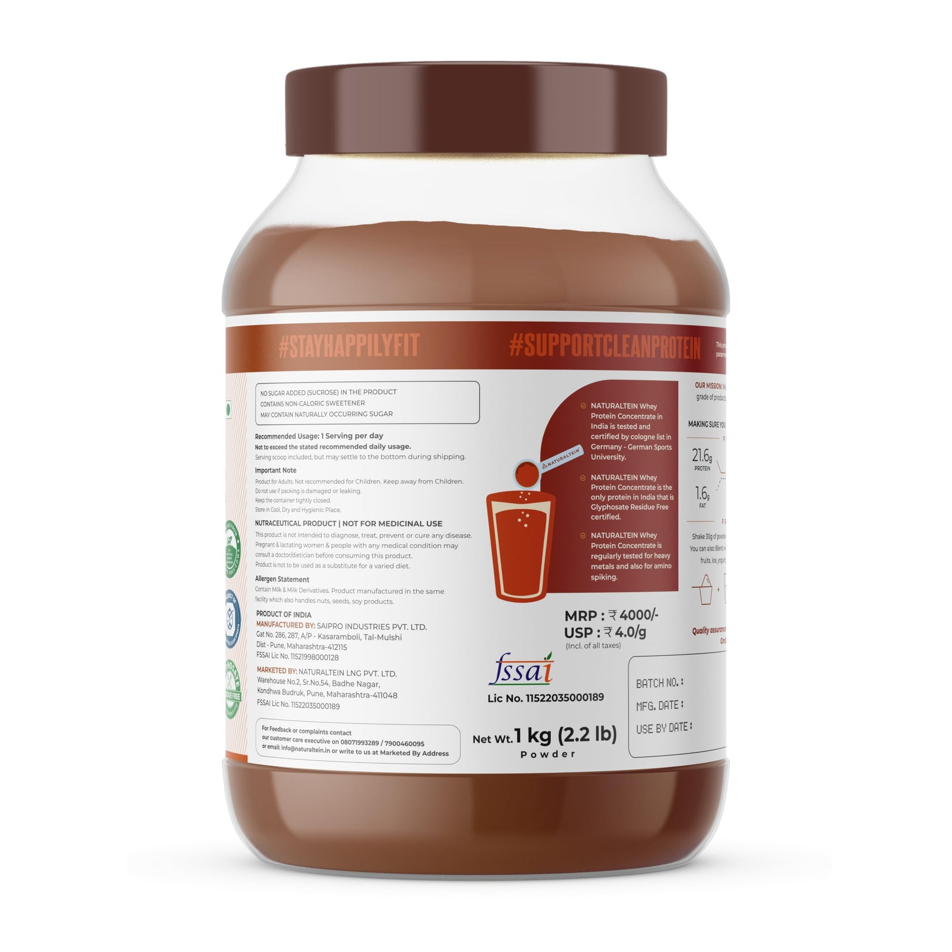Naturaltein Whey Protein Concentrate Caffè Mocha, 1kg, 21g Protein, Non-GMO, Soy-Free, No Artificial Sweeteners - packaging (