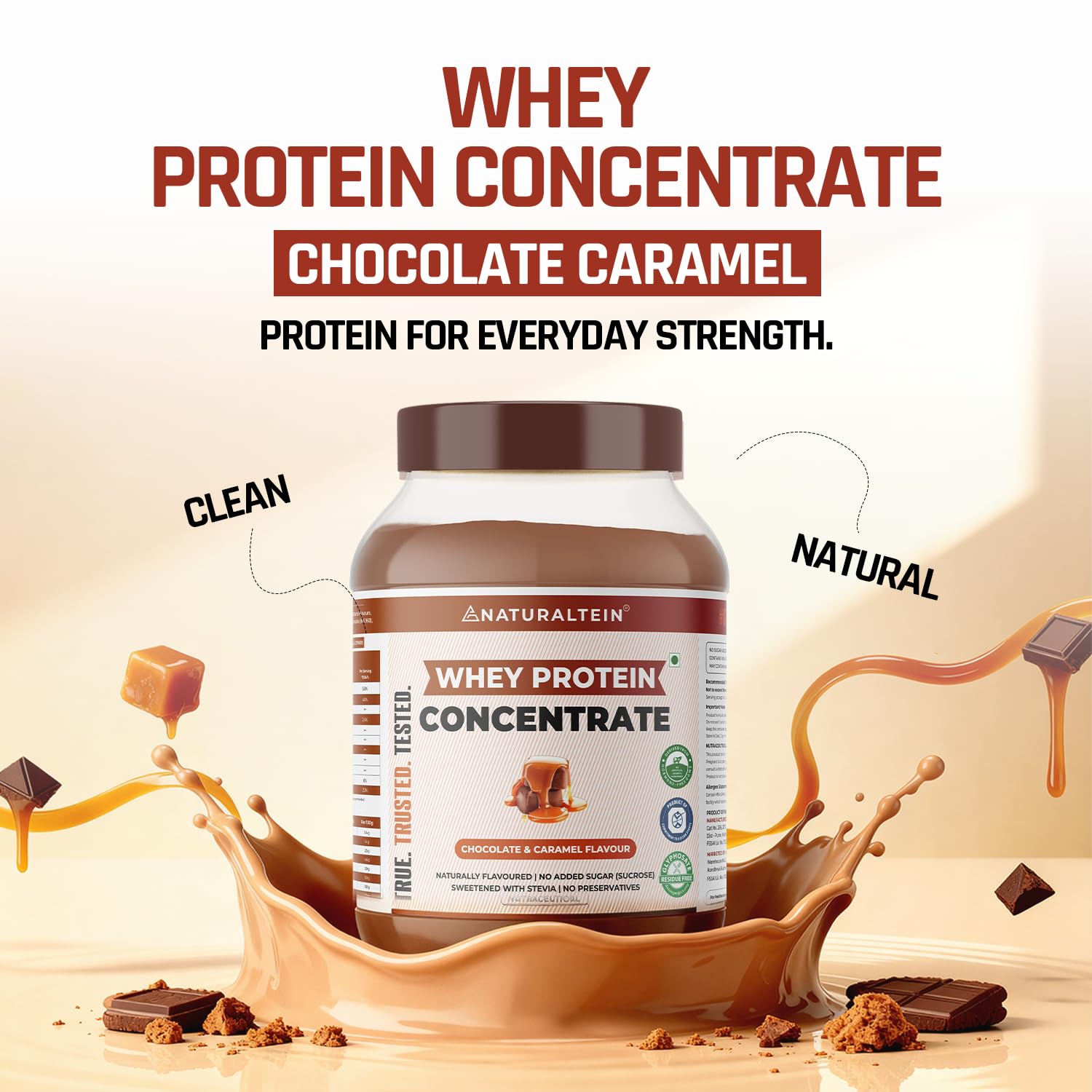 Naturaltein Whey Protein Concentrate Caffè Mocha, 1kg, 21g Protein, Non-GMO, Soy-Free, No Artificial Sweeteners - label detai