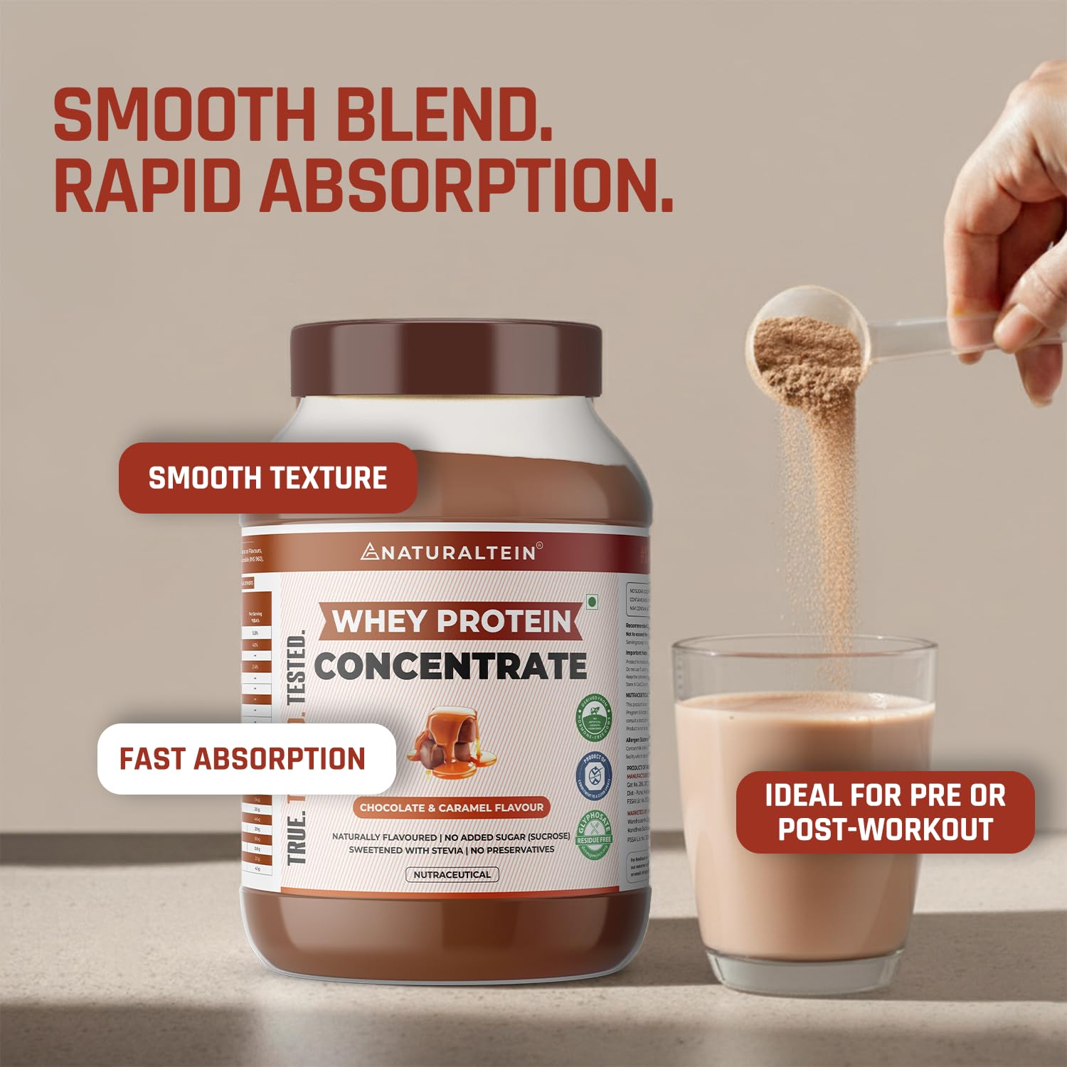Naturaltein Whey Protein Concentrate Caffè Mocha, 1kg, 21g Protein, Non-GMO, Soy-Free, No Artificial Sweeteners - in use (16)