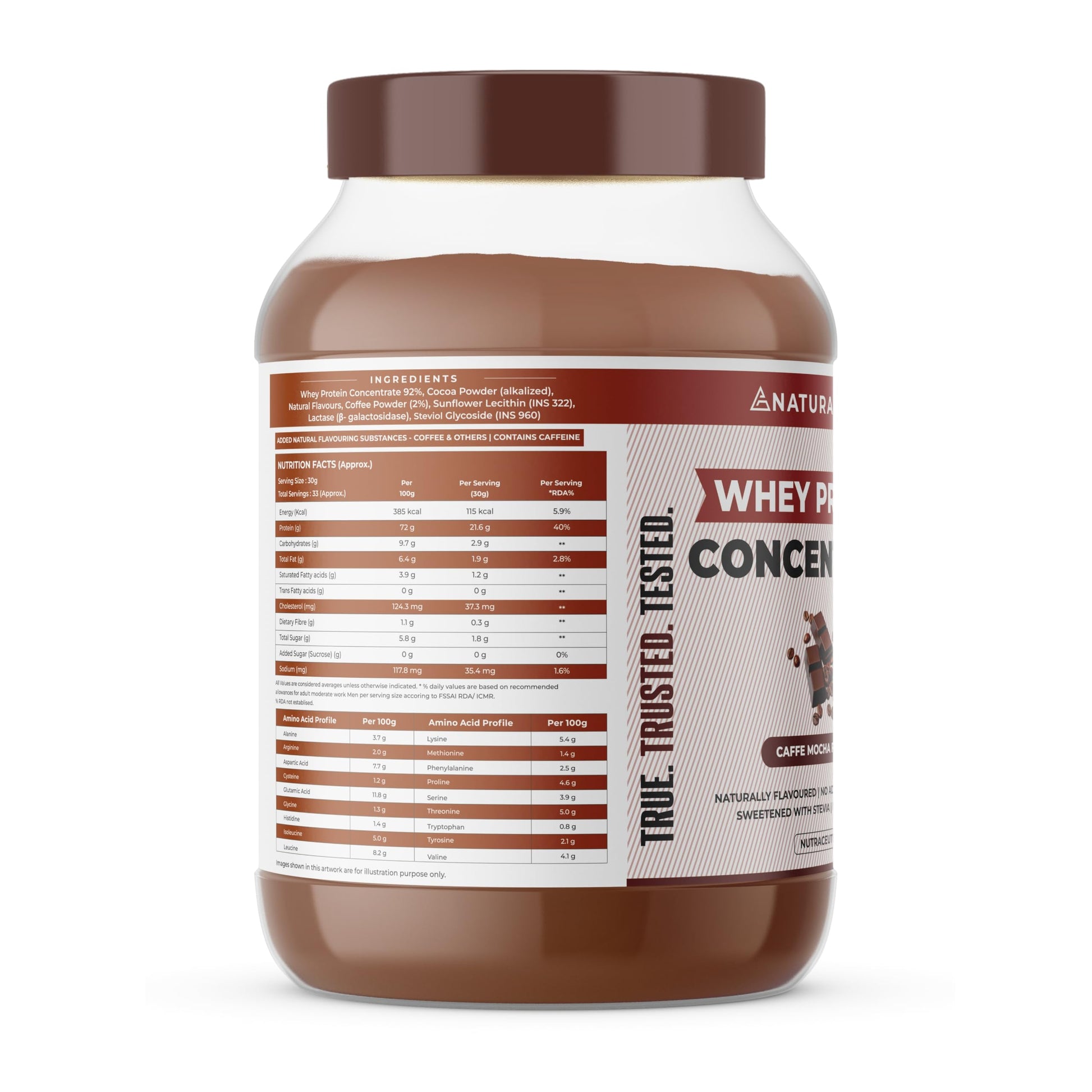 Naturaltein Whey Protein Concentrate Caffè Mocha, 1kg, 21g Protein, Non-GMO, Soy-Free, No Artificial Sweeteners - front view