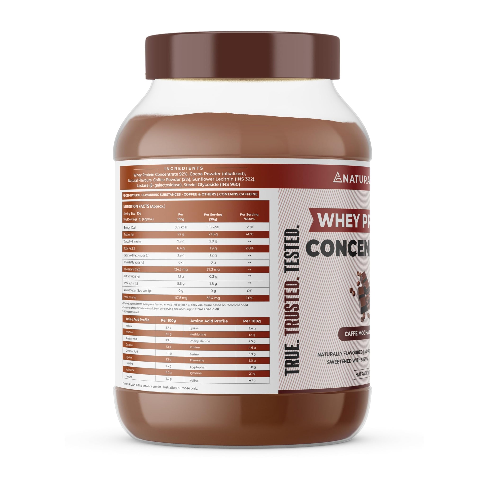 Naturaltein Whey Protein Concentrate Caffè Mocha, 1kg, 21g Protein, Non-GMO, Soy-Free, No Artificial Sweeteners - front view