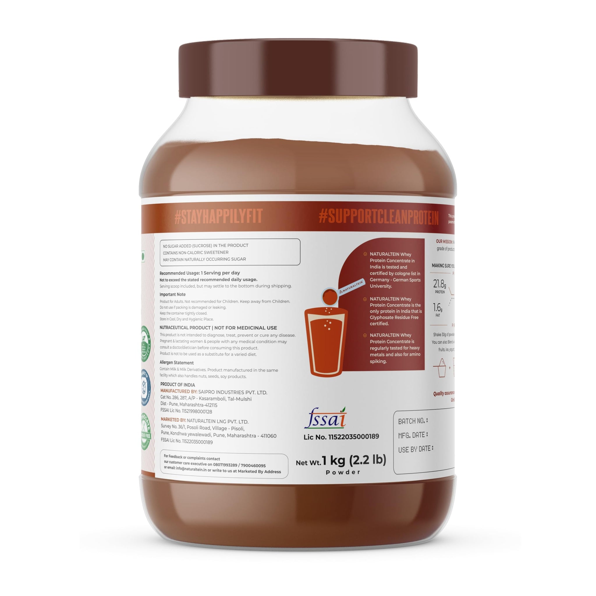 Naturaltein Whey Protein Concentrate Caffè Mocha, 1kg, 21g Protein, Non-GMO, Soy-Free, No Artificial Sweeteners - back view (