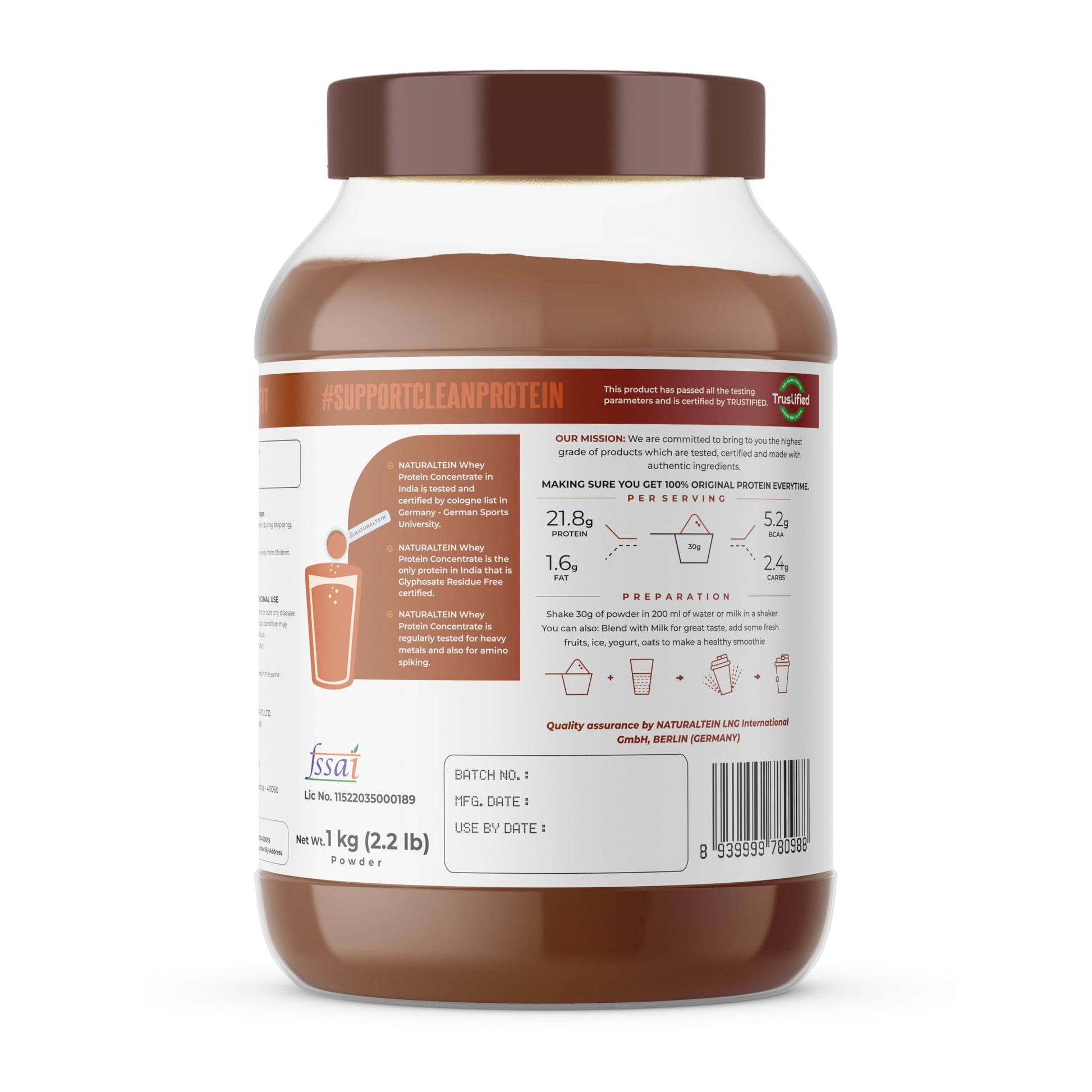 Naturaltein Whey Protein Concentrate Caffè Mocha, 1kg, 21g Protein, Non-GMO, Soy-Free, No Artificial Sweeteners - packaging (
