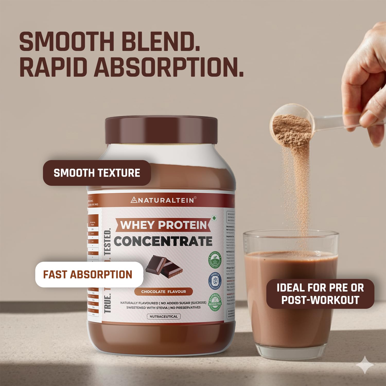 Naturaltein Whey Protein Concentrate Caffè Mocha, 1kg, 21g Protein, Non-GMO, Soy-Free, No Artificial Sweeteners - close-up de