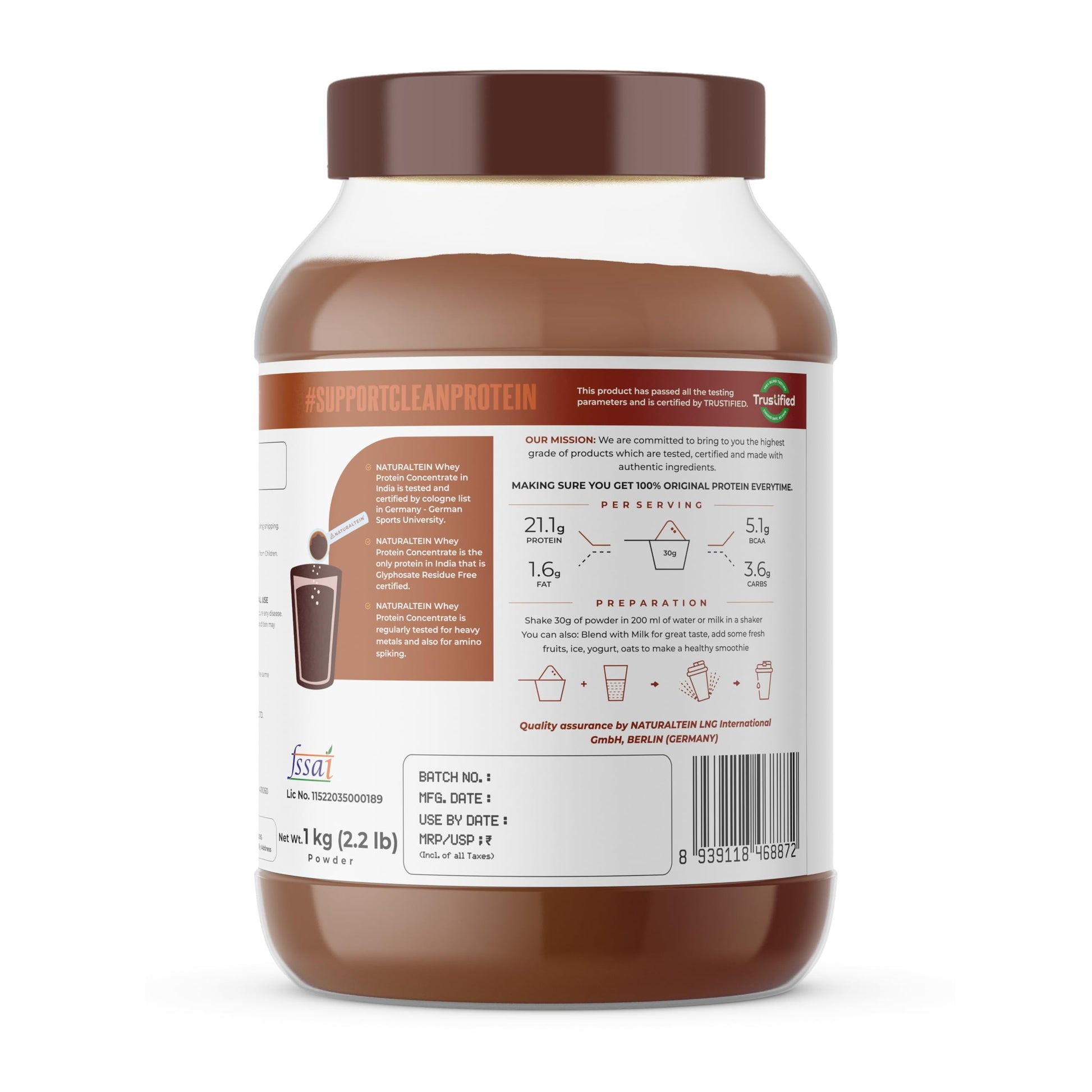 Naturaltein Whey Protein Concentrate Caffè Mocha, 1kg, 21g Protein, Non-GMO, Soy-Free, No Artificial Sweeteners - back view (