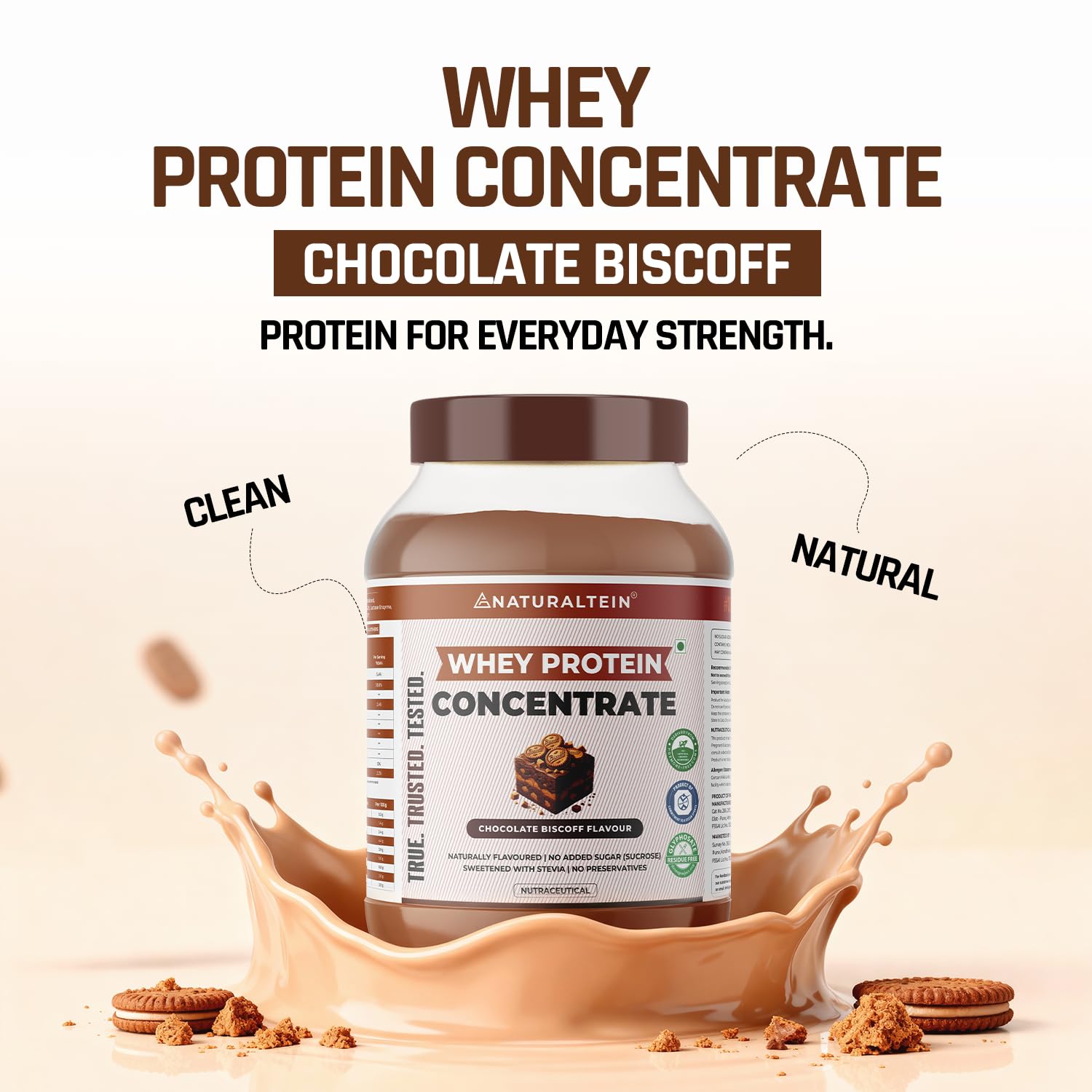 Naturaltein Whey Protein Concentrate Caffè Mocha, 1kg, 21g Protein, Non-GMO, Soy-Free, No Artificial Sweeteners - label detai
