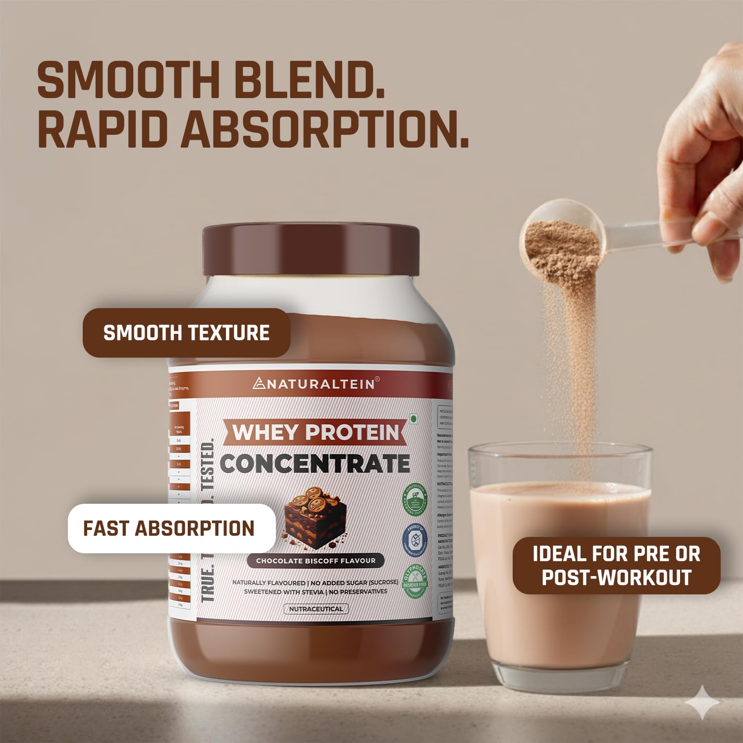 Naturaltein Whey Protein Concentrate Caffè Mocha, 1kg, 21g Protein, Non-GMO, Soy-Free, No Artificial Sweeteners - in use (34)