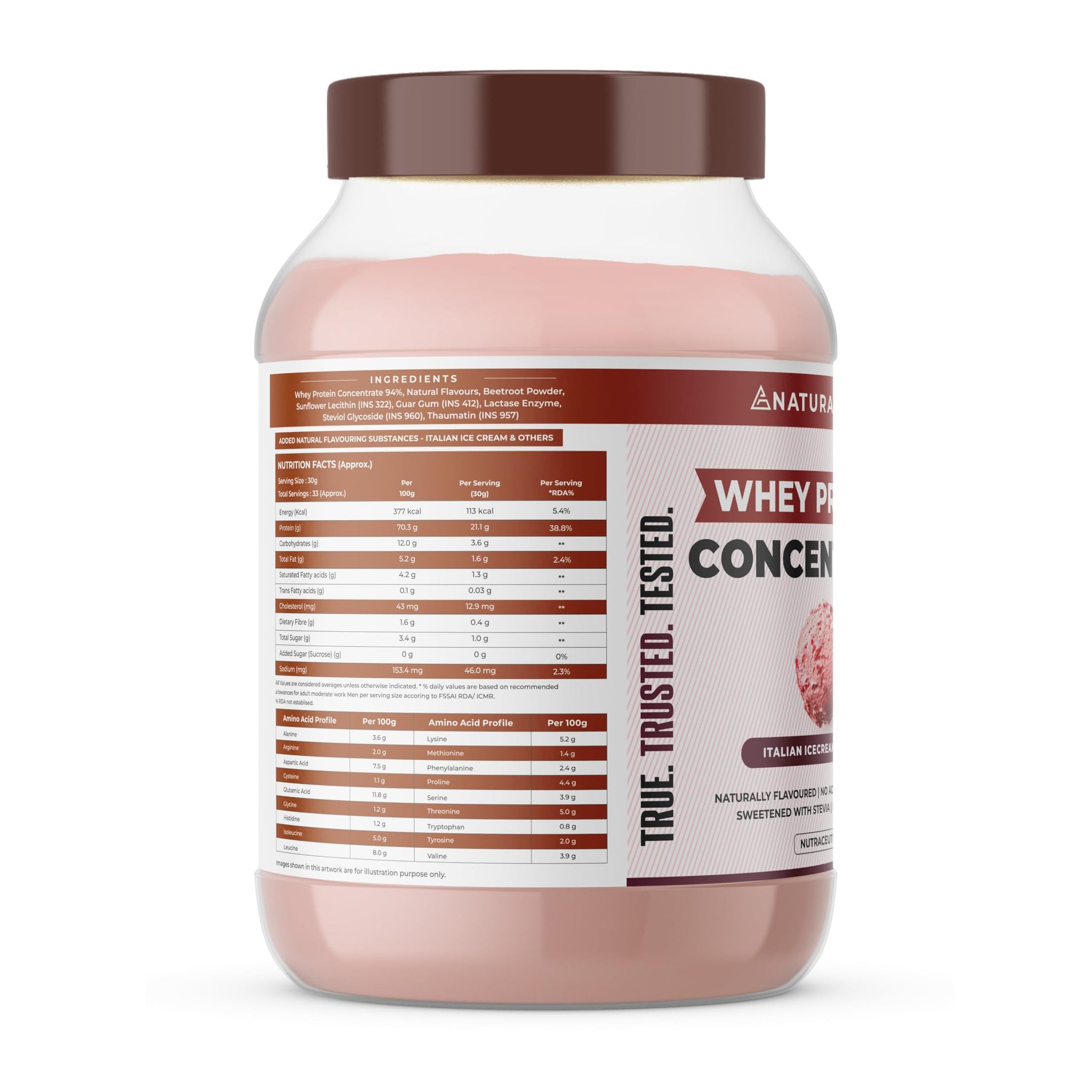 Naturaltein Whey Protein Concentrate Caffè Mocha, 1kg, 21g Protein, Non-GMO, Soy-Free, No Artificial Sweeteners - front view 