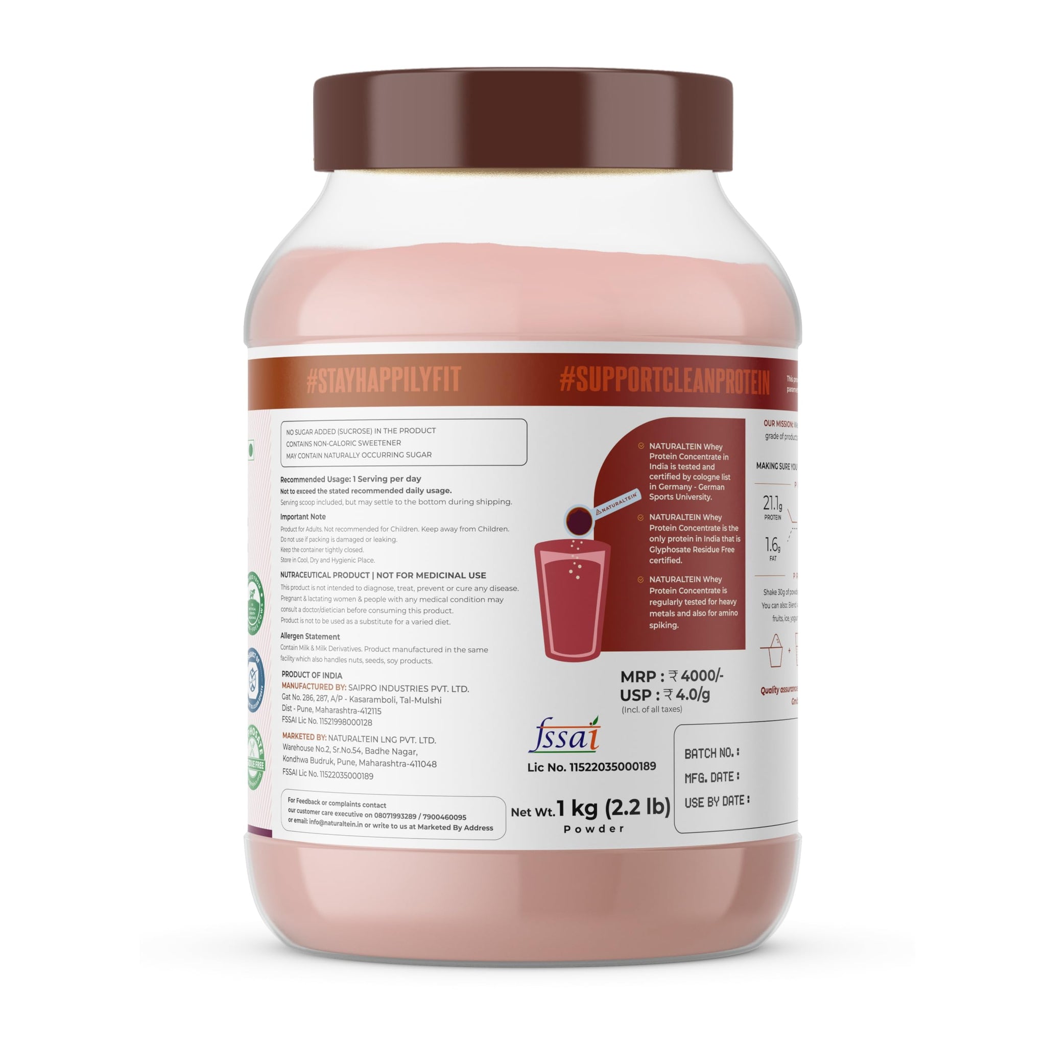 Naturaltein Whey Protein Concentrate Caffè Mocha, 1kg, 21g Protein, Non-GMO, Soy-Free, No Artificial Sweeteners - back view (