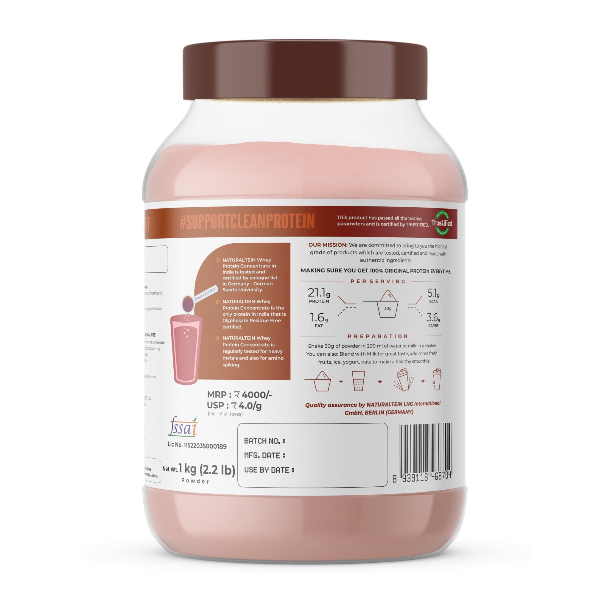 Naturaltein Whey Protein Concentrate Caffè Mocha, 1kg, 21g Protein, Non-GMO, Soy-Free, No Artificial Sweeteners - packaging (