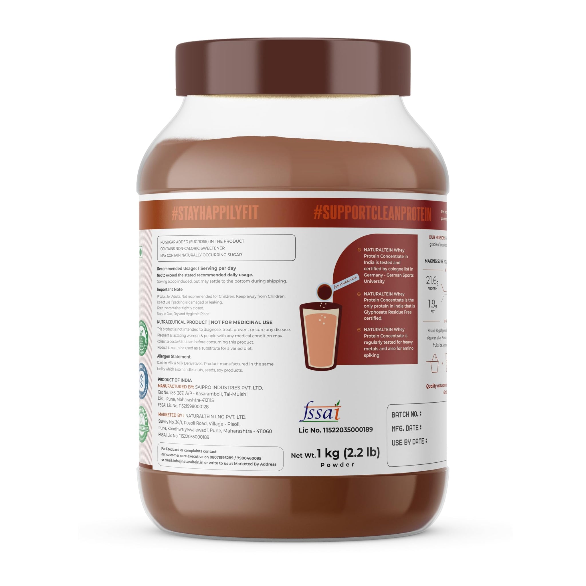 Naturaltein Whey Protein Concentrate Caffè Mocha, 1kg, 21g Protein, Non-GMO, Soy-Free, No Artificial Sweeteners - packaging
