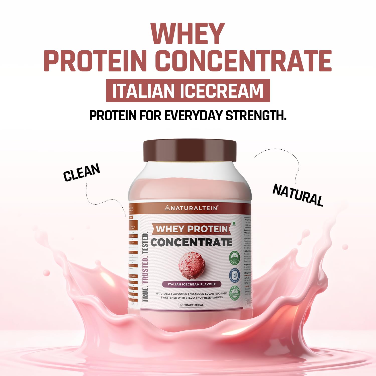 Naturaltein Whey Protein Concentrate Caffè Mocha, 1kg, 21g Protein, Non-GMO, Soy-Free, No Artificial Sweeteners - label detai