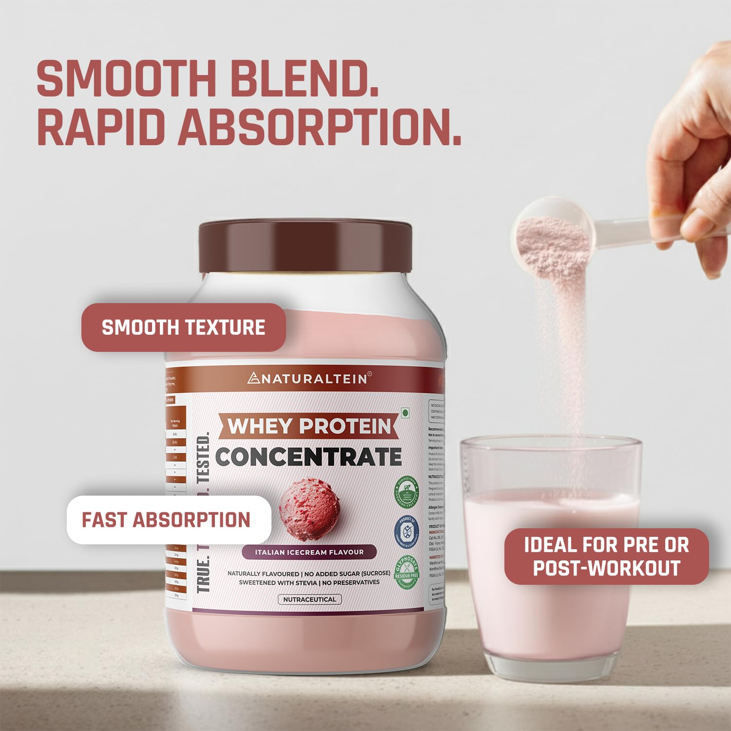Naturaltein Whey Protein Concentrate Caffè Mocha, 1kg, 21g Protein, Non-GMO, Soy-Free, No Artificial Sweeteners - in use (43)