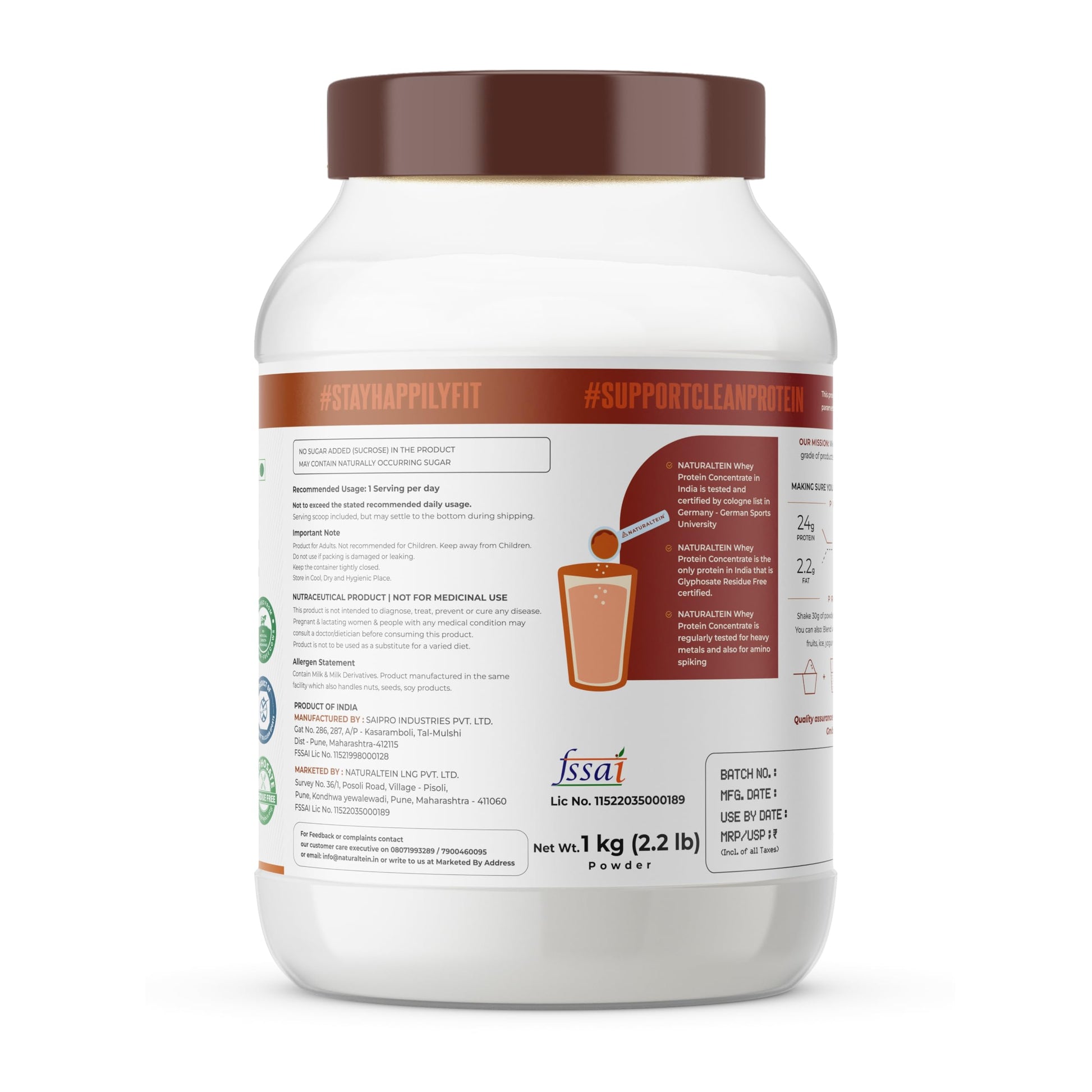 Naturaltein Whey Protein Concentrate Caffè Mocha, 1kg, 21g Protein, Non-GMO, Soy-Free, No Artificial Sweeteners - front view 