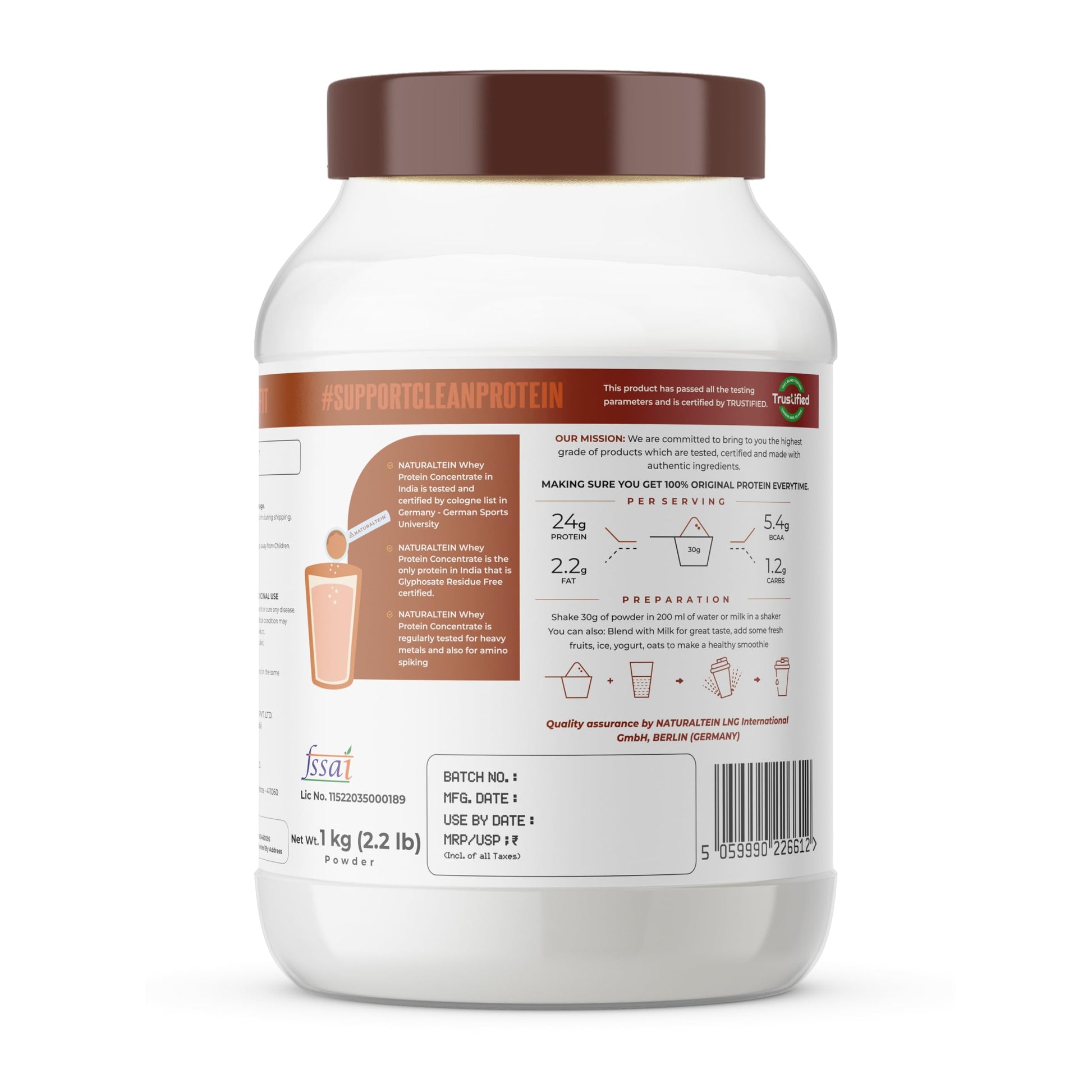 Naturaltein Whey Protein Concentrate Caffè Mocha, 1kg, 21g Protein, Non-GMO, Soy-Free, No Artificial Sweeteners - packaging (