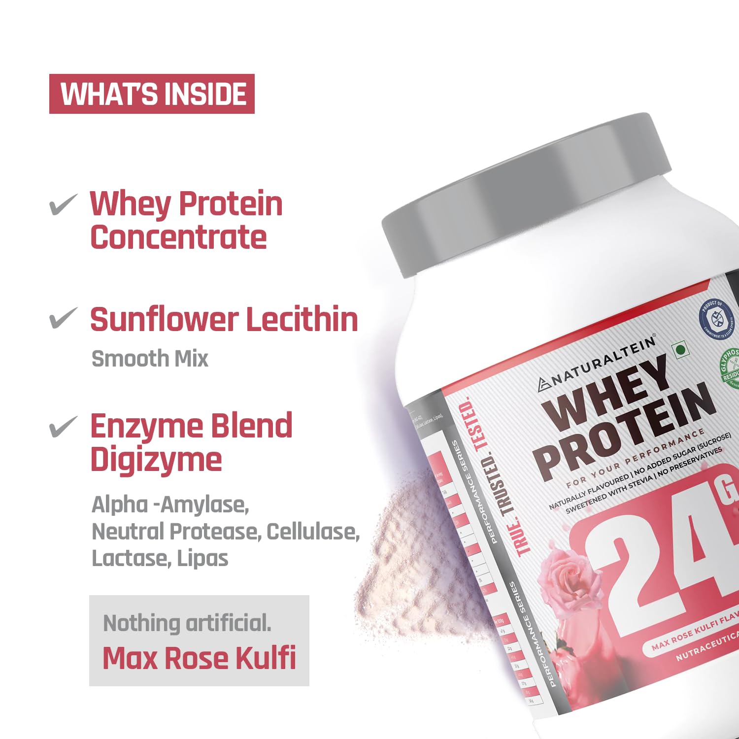 NATURALTEIN Whey Protein Powder, 1kg, Stevia Sweetened, No Added Sugar, Non-GMO, Soy-Free, Gluten-Free - close-up detail (28)