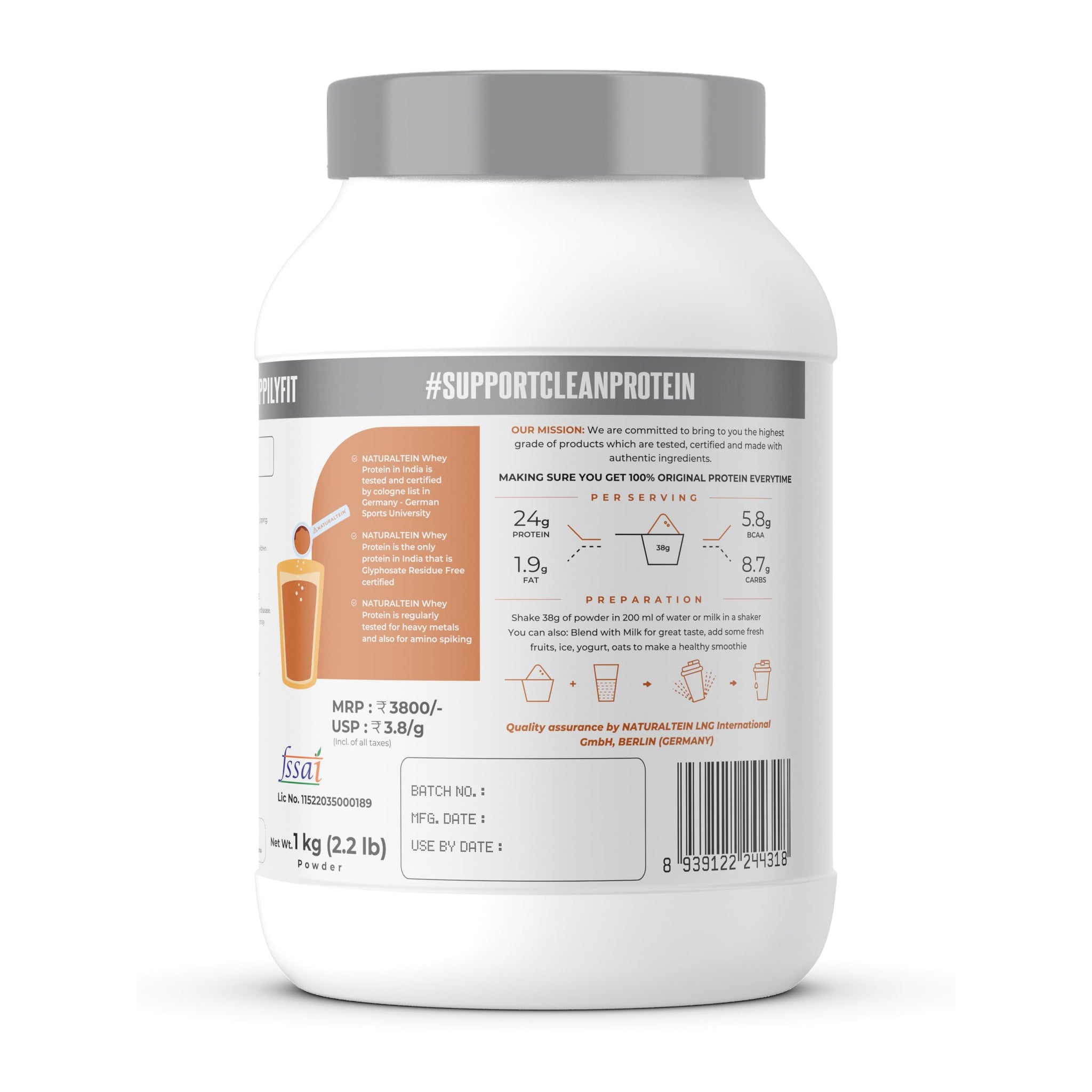 NATURALTEIN Whey Protein Powder, 1kg, Stevia Sweetened, No Added Sugar, Non-GMO, Soy-Free, Gluten-Free - back view (33)