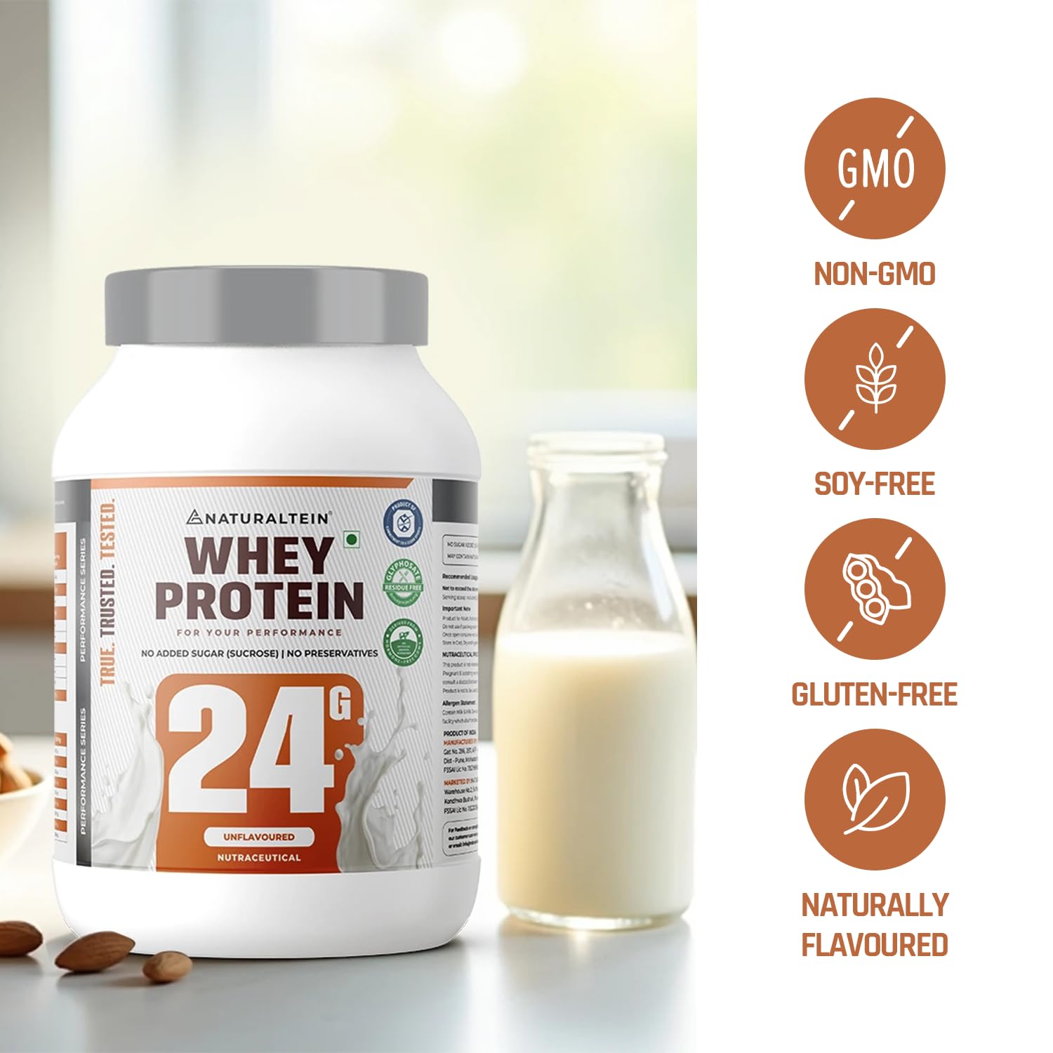 NATURALTEIN Whey Protein Powder, 1kg, Stevia Sweetened, No Added Sugar, Non-GMO, Soy-Free, Gluten-Free - close-up detail (37)