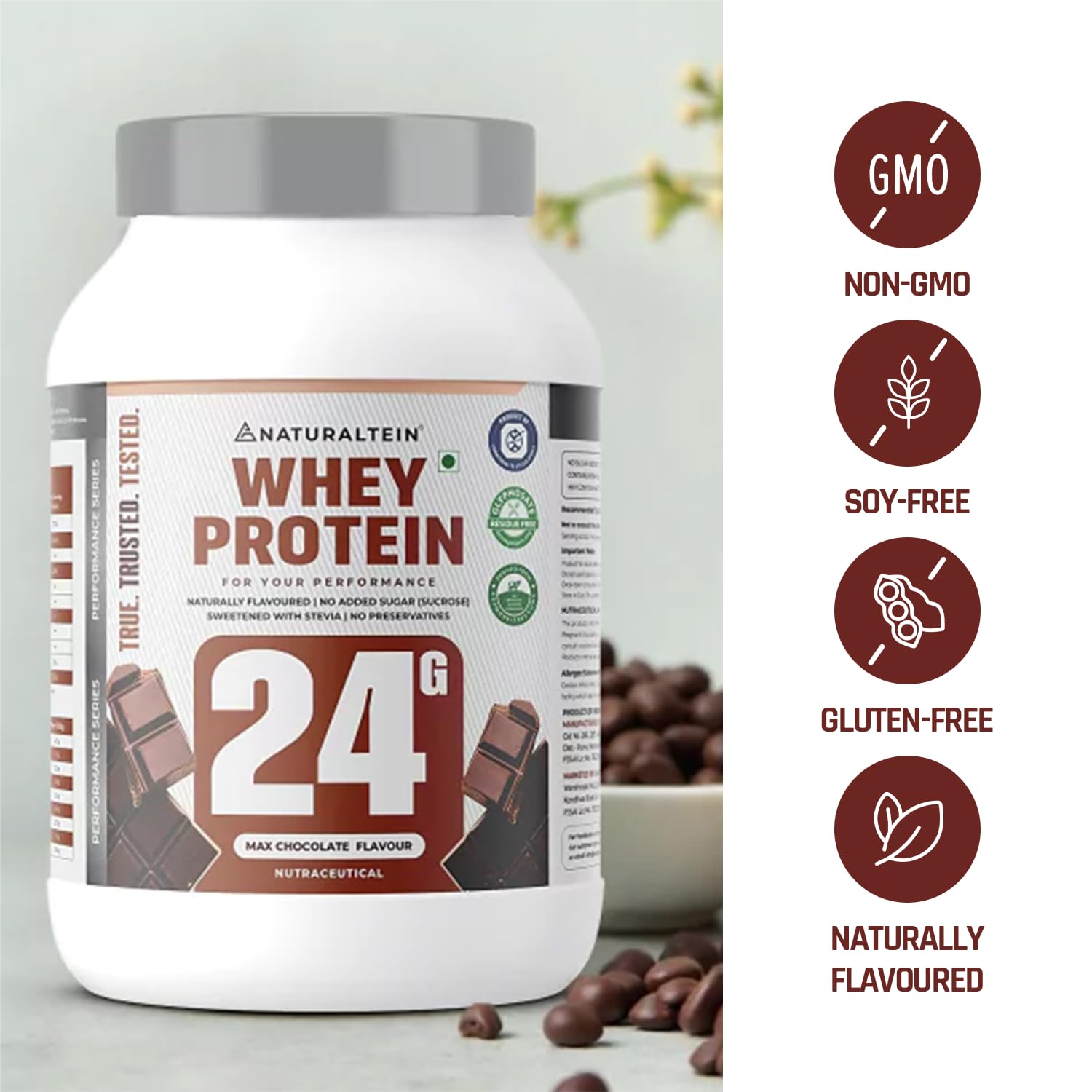 NATURALTEIN Whey Protein Powder, 1kg, Stevia Sweetened, No Added Sugar, Non-GMO, Soy-Free, Gluten-Free - close-up detail