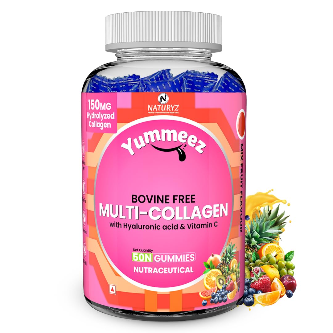 Naturyz Collagen Gummies with Hyaluronic Acid, Vitamin C, Vitamin E & Biotin, No Added Sugar, Mix Fruit Flavor (10)