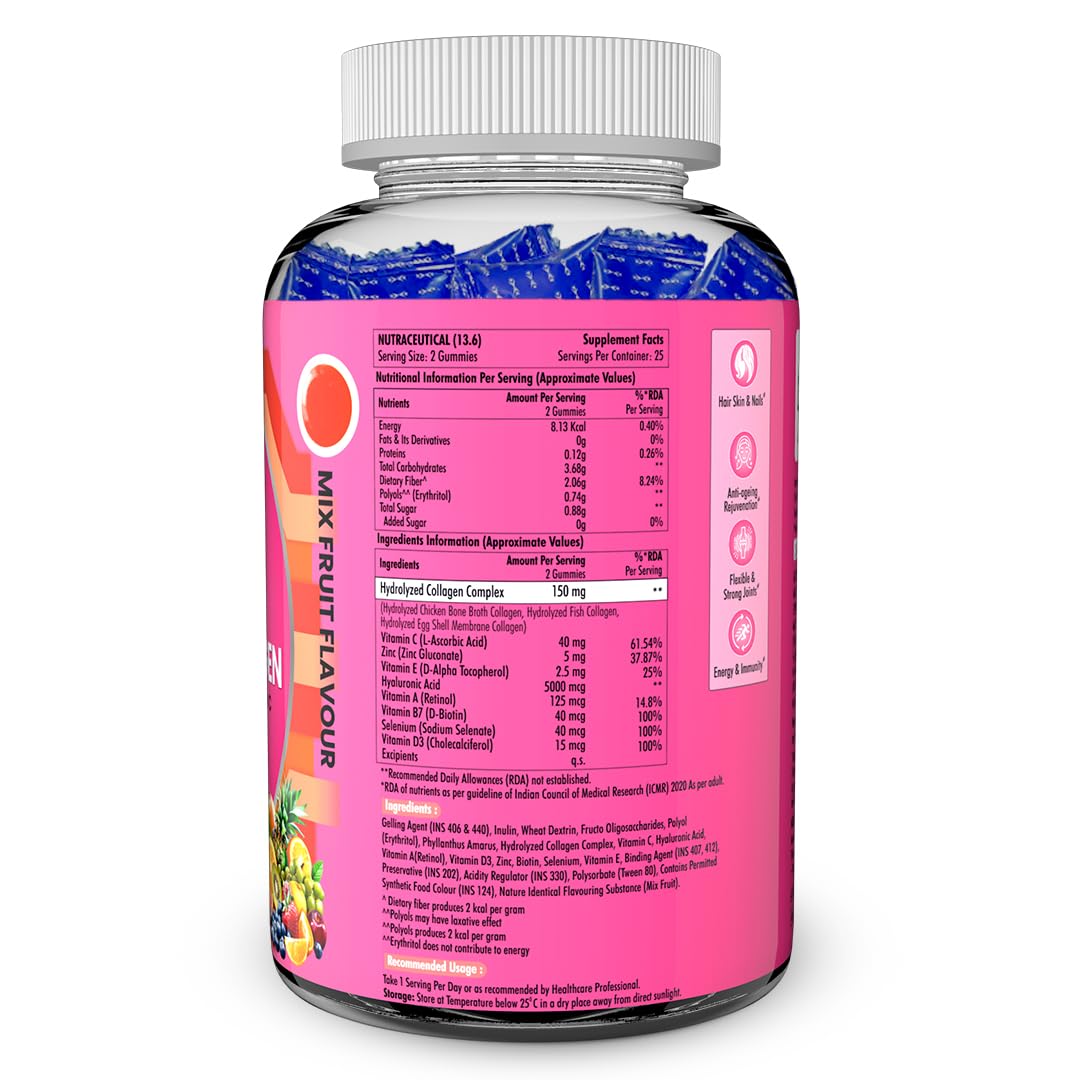 Naturyz Collagen Gummies with Hyaluronic Acid, Vitamin C, Vitamin E & Biotin, No Added Sugar, Mix Fruit Flavor - front view (