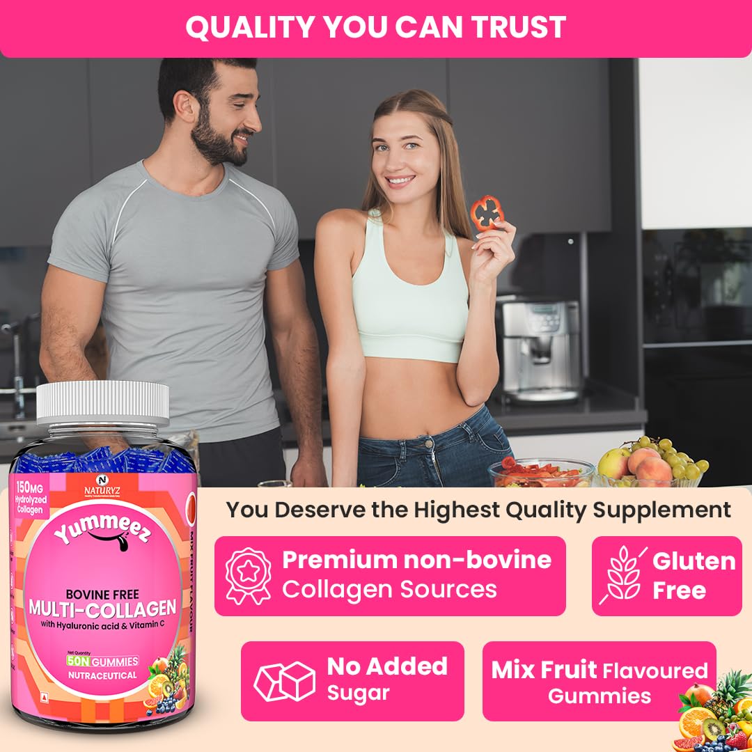 Naturyz Collagen Gummies with Hyaluronic Acid, Vitamin C, Vitamin E & Biotin, No Added Sugar, Mix Fruit Flavor - ingredients 