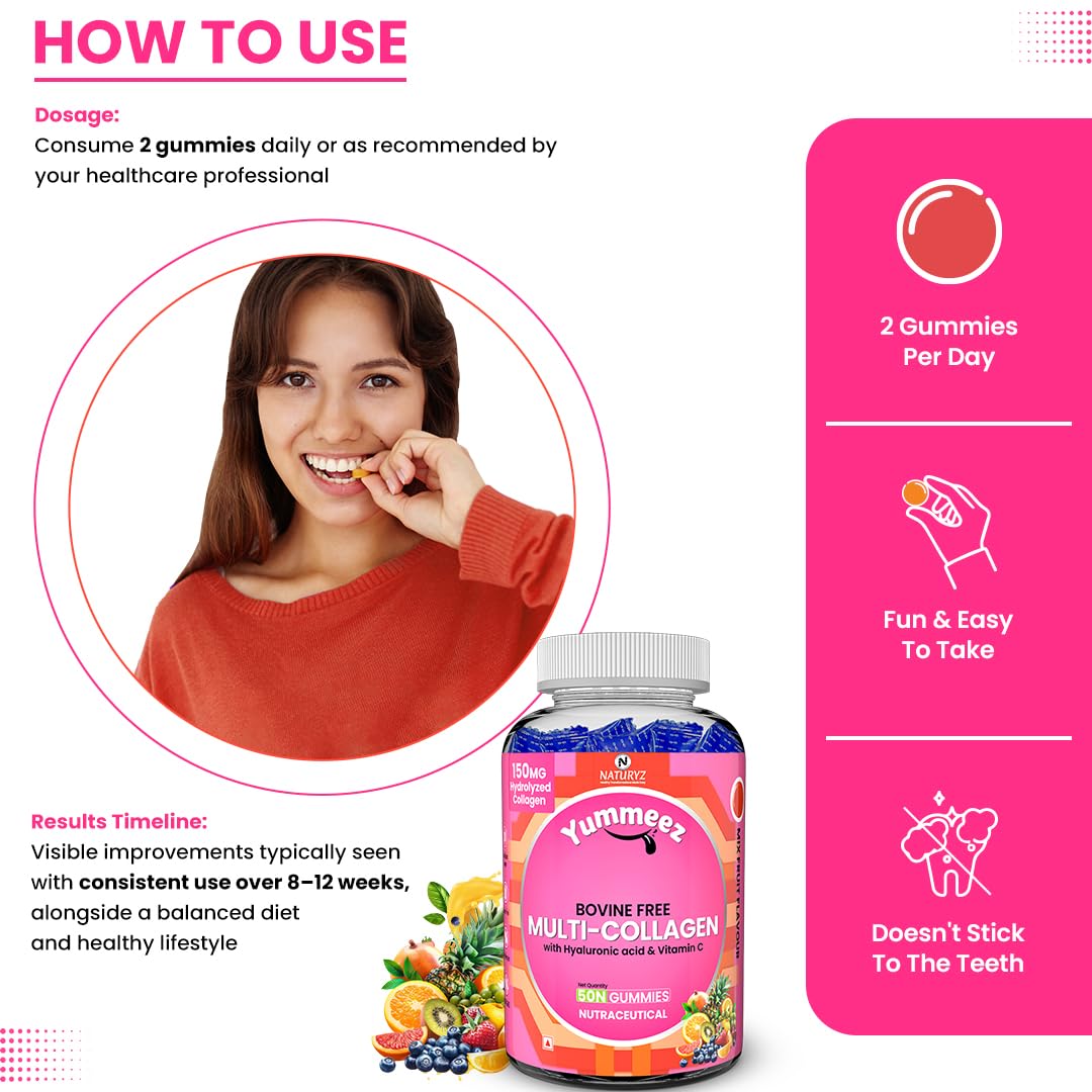 Naturyz Collagen Gummies with Hyaluronic Acid, Vitamin C, Vitamin E & Biotin, No Added Sugar, Mix Fruit Flavor - close-up det