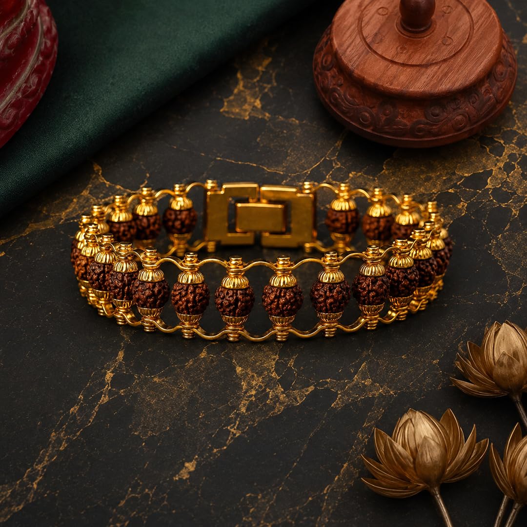 Nazakat 21 Bead Original Rudraksha Rakhi for Brother | Gold Plated Traditional Rakhi Bracelet | Sacred Rudraksha Raksha Bandh