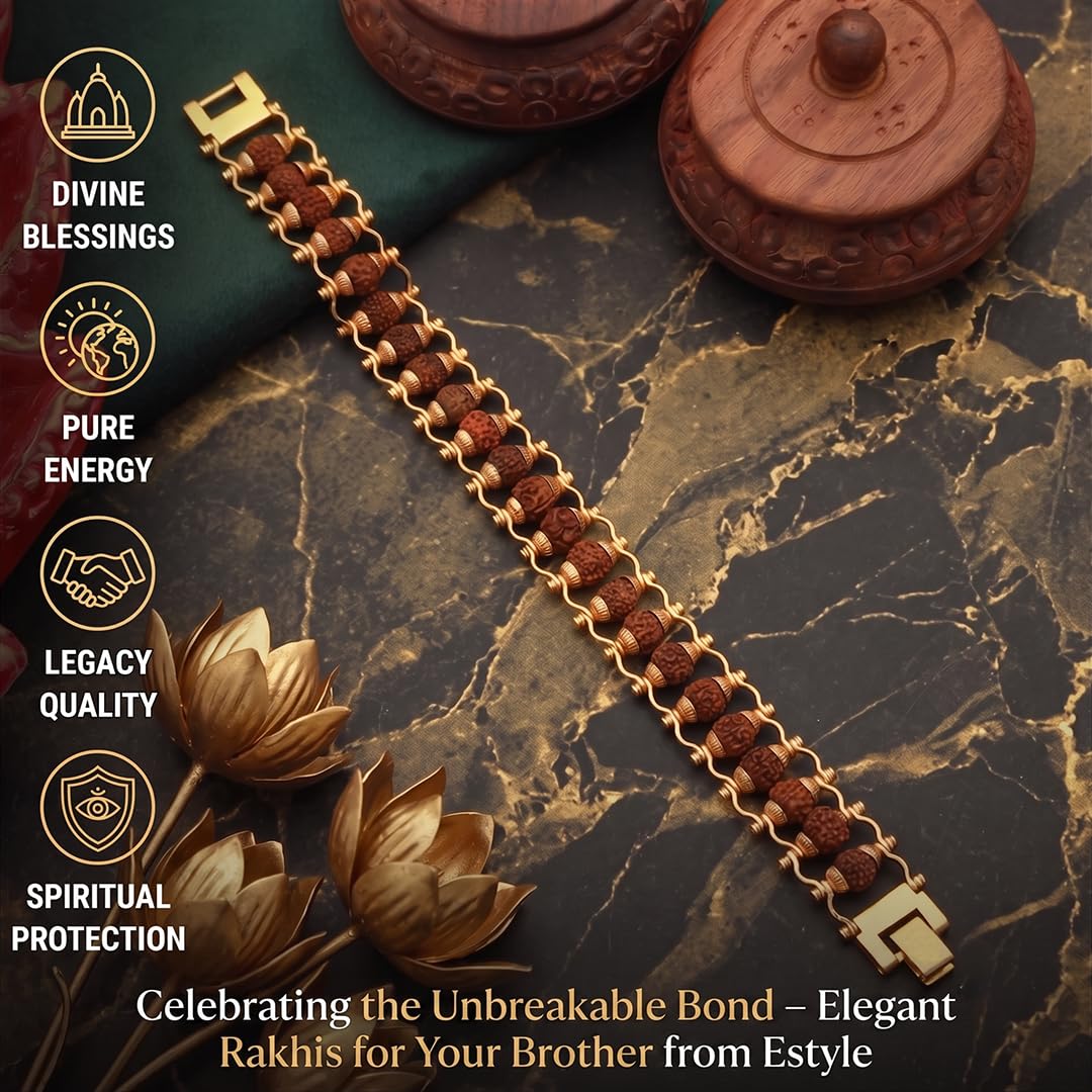 Nazakat 21 Bead Original Rudraksha Rakhi for Brother | Gold Plated Traditional Rakhi Bracelet | Sacred Rudraksha Raksha Bandh