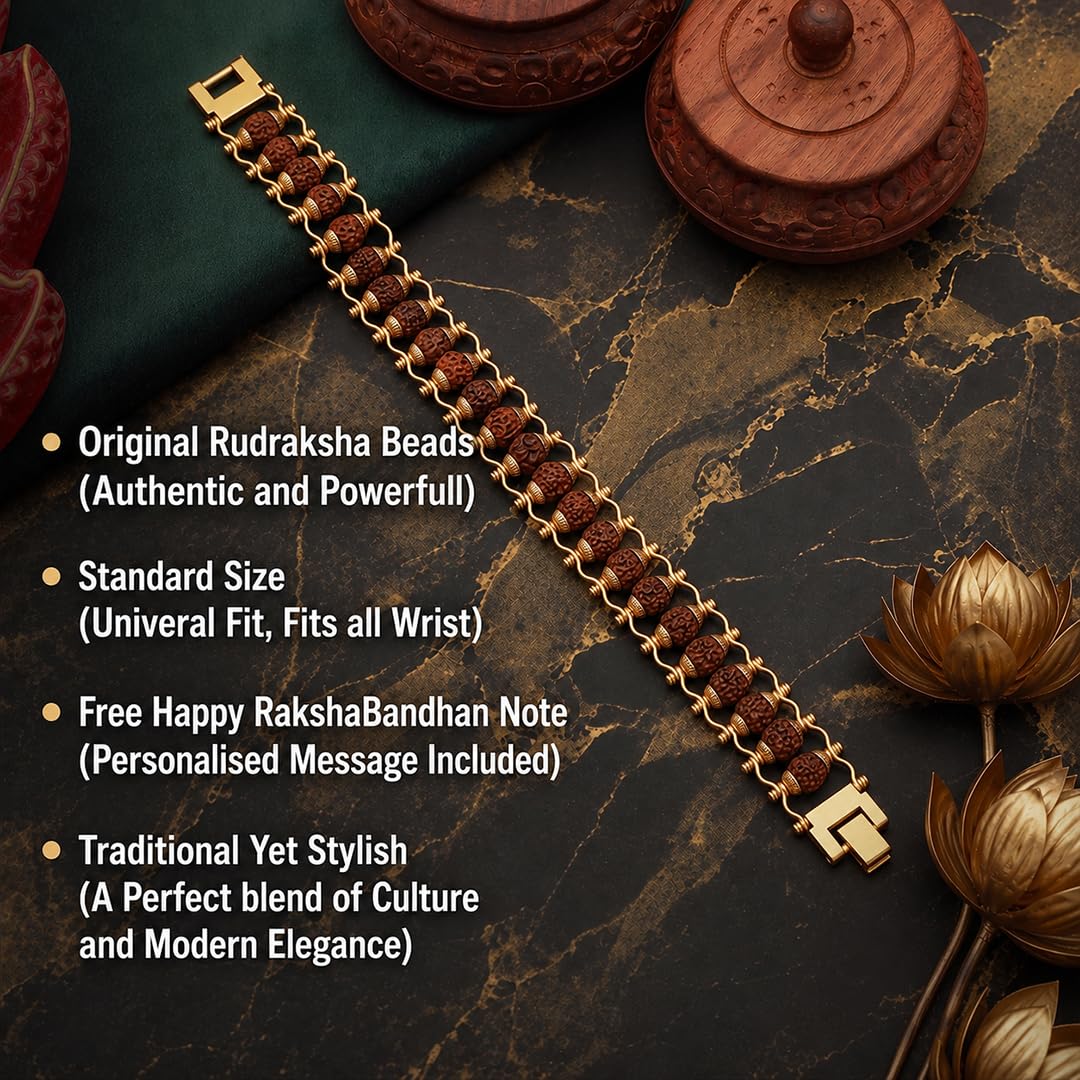 Nazakat 21 Bead Original Rudraksha Rakhi for Brother | Gold Plated Traditional Rakhi Bracelet | Sacred Rudraksha Raksha Bandh