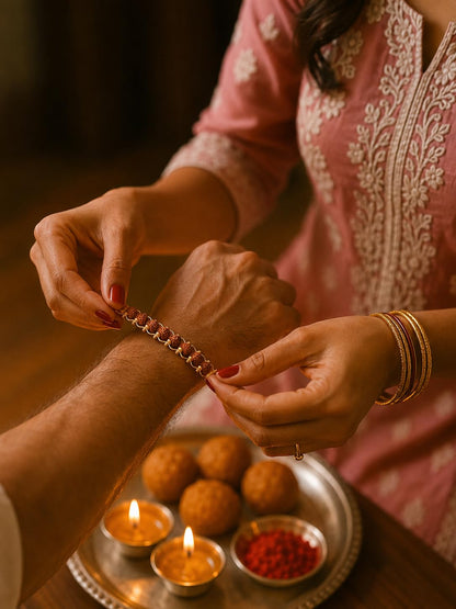 Nazakat 21 Bead Original Rudraksha Rakhi for Brother | Gold Plated Traditional Rakhi Bracelet | Sacred Rudraksha Raksha Bandh