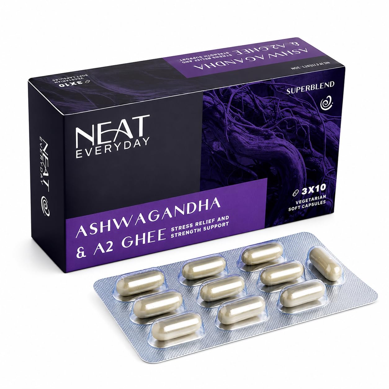 NEATEVERYDAY Ashwagandha A2 Ghee Capsules, Herb Blend with Shatavari and Gokshura, 30 Vegetarian Softgels