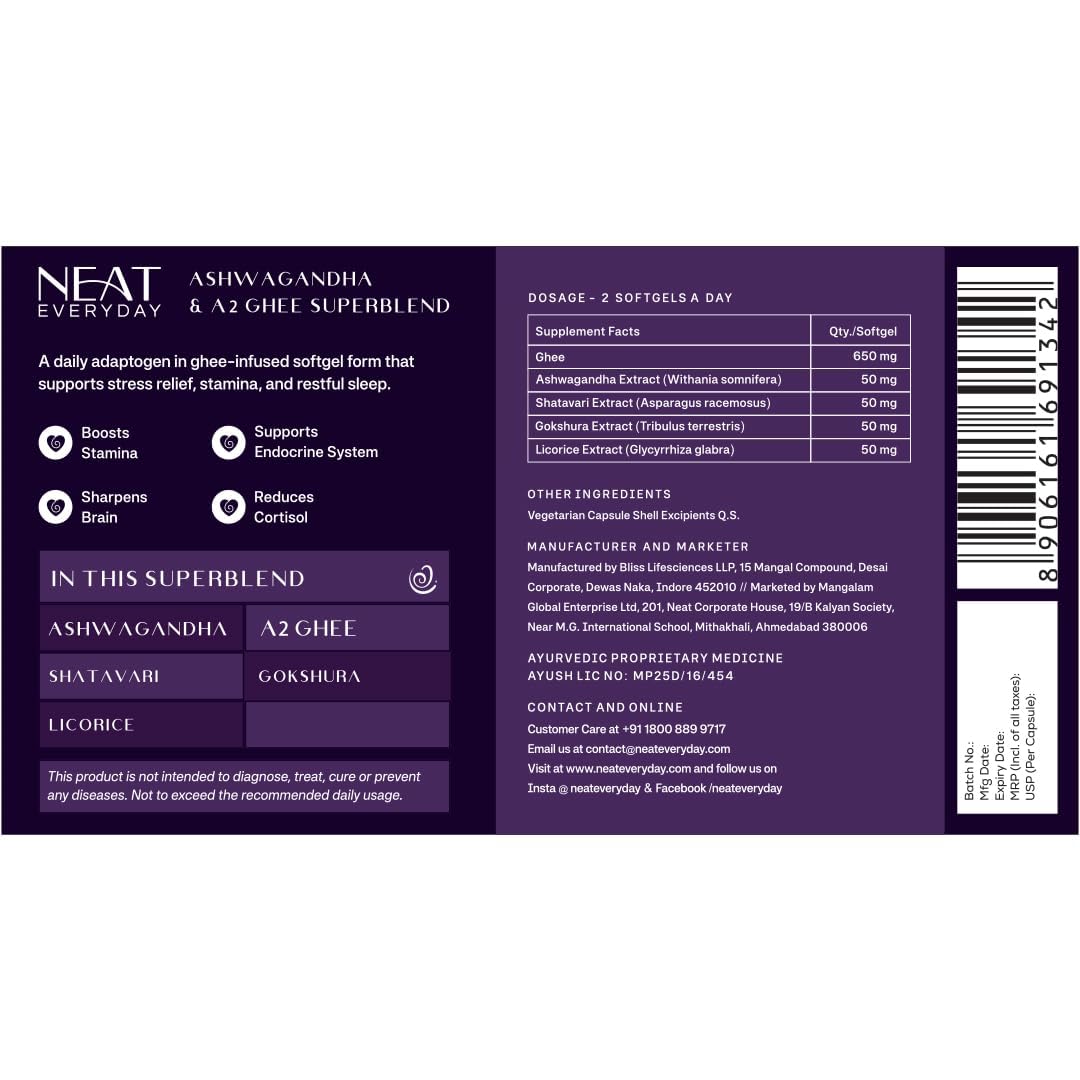 NEATEVERYDAY Ashwagandha A2 Ghee Capsules, Herb Blend with Shatavari and Gokshura, 30 Vegetarian Softgels - close-up detail