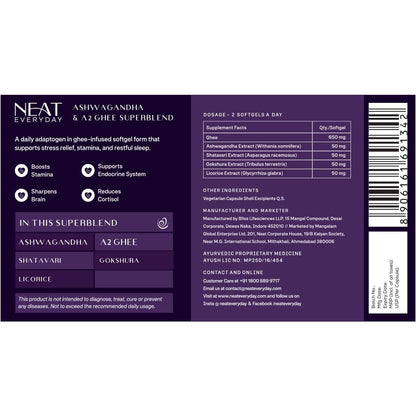 NEATEVERYDAY Ashwagandha A2 Ghee Capsules, Herb Blend with Shatavari and Gokshura, 30 Vegetarian Softgels - close-up detail