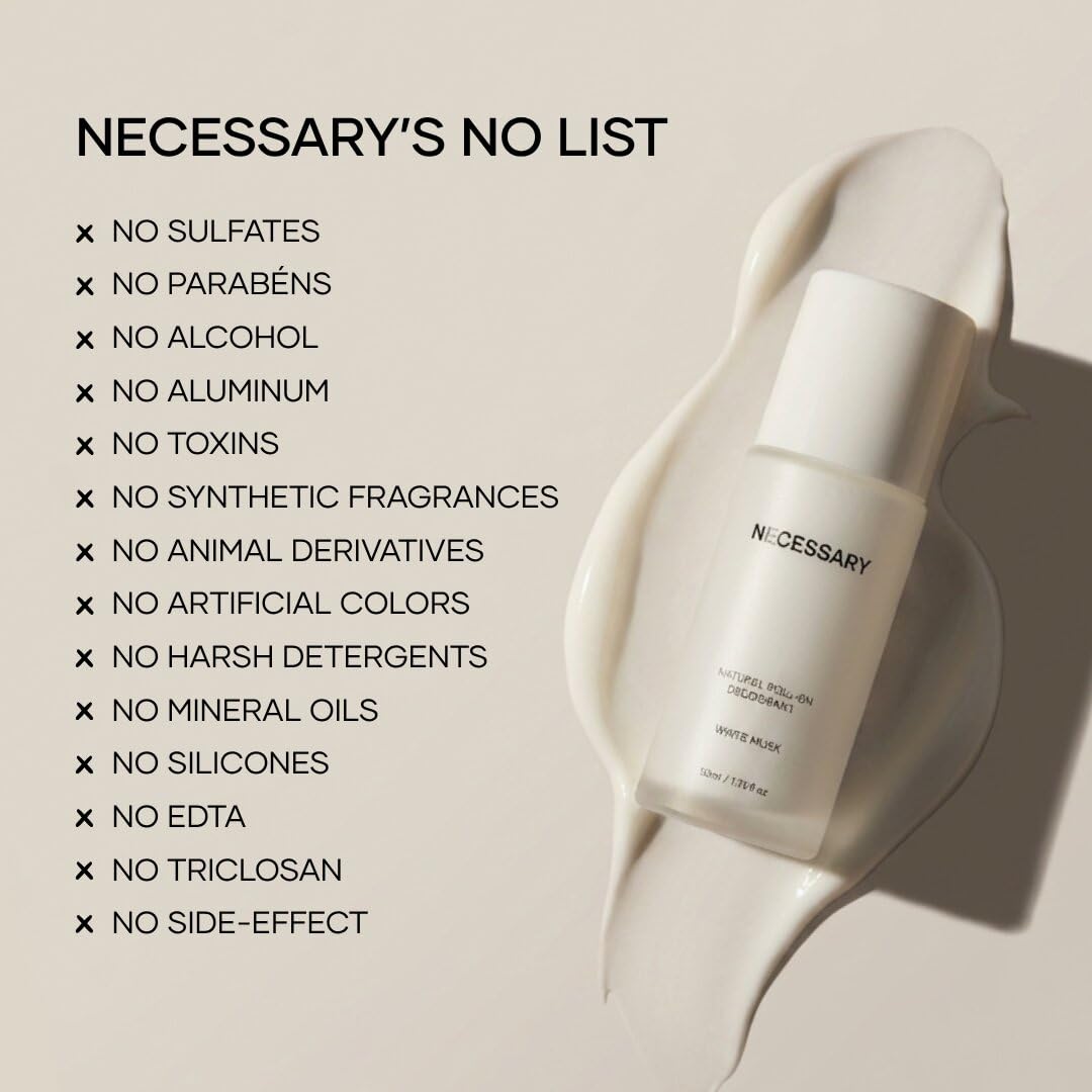 NECESSARY Natural Roll-On Deodorant, 50ml, Aluminum-Free, Alcohol-Free, Stain-Free, for All Skin Types - ingredients panel (1