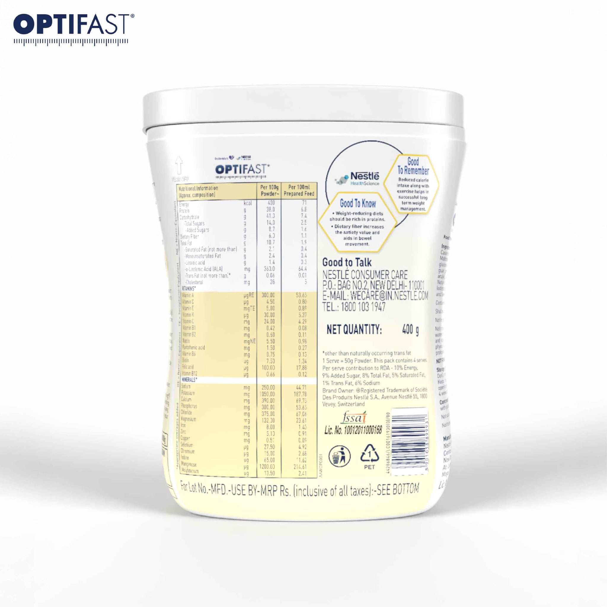 Nestle Optifast Weight Management Shake, Vanilla Flavor, Meal Replacement Powder, 400g Jar - front view