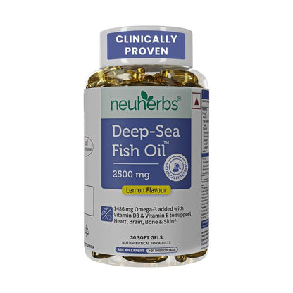 Neuherbs Deep Sea Omega 3 Fish Oil Supplement, Triple Strength 2500mg, Lemon Flavored with EPA DHA, Vitamins E & D3