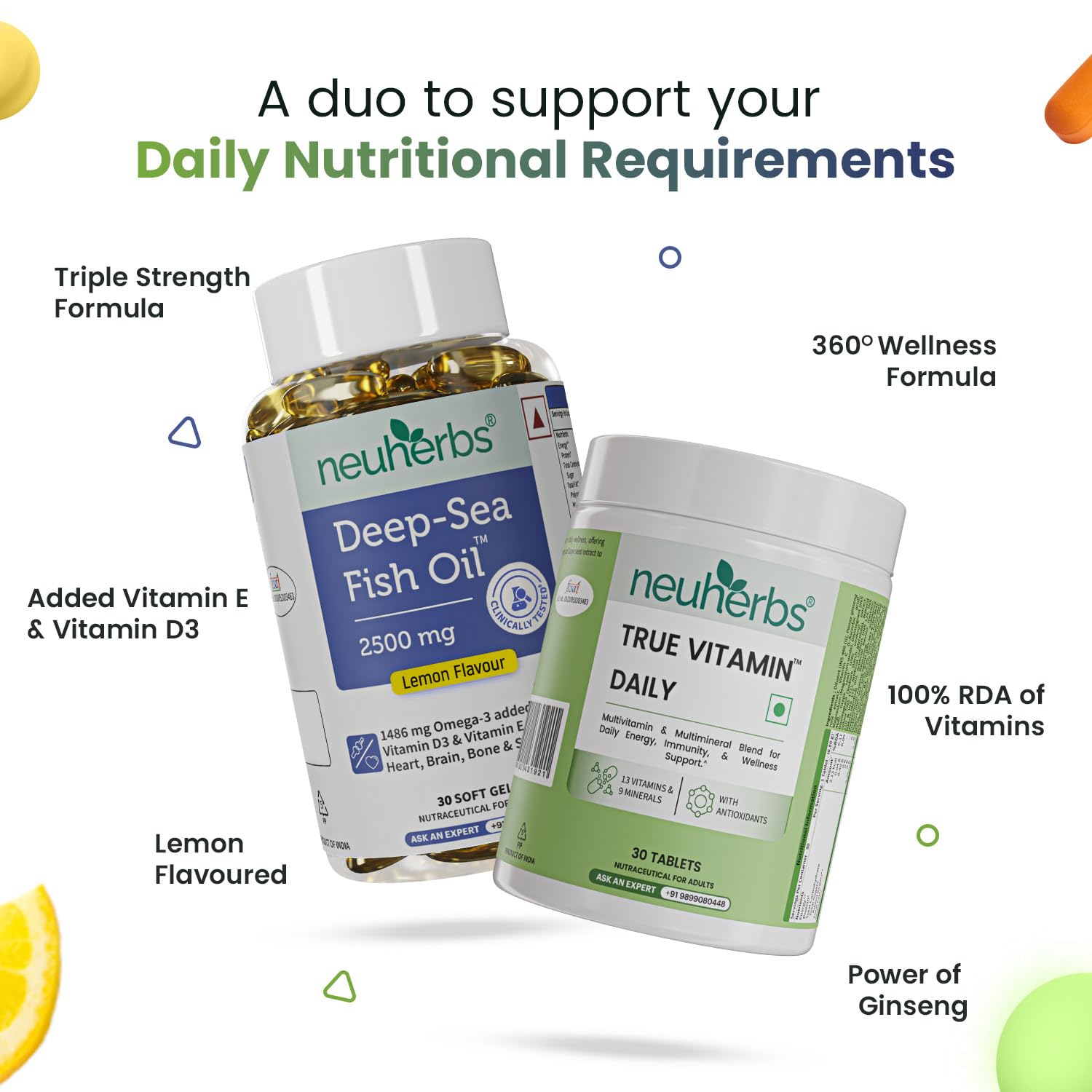 Neuherbs Deep Sea Omega 3 Fish Oil Supplement, Triple Strength 2500mg, Lemon Flavored with EPA DHA, Vitamins E & D3 - back vi