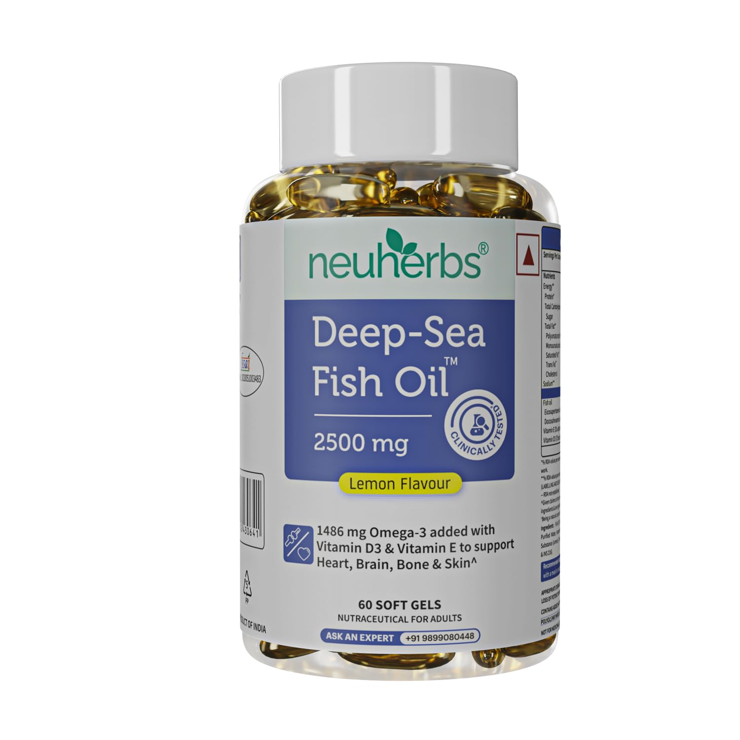 Neuherbs Deep Sea Omega 3 Fish Oil Supplement, Triple Strength 2500mg, Lemon Flavored with EPA DHA, Vitamins E & D3 (16)