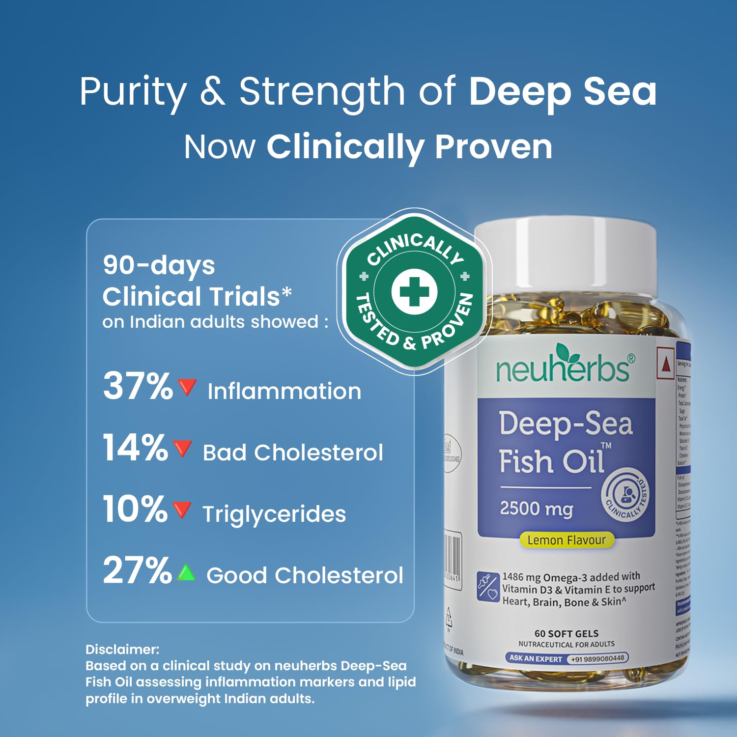 Neuherbs Deep Sea Omega 3 Fish Oil Supplement, Triple Strength 2500mg, Lemon Flavored with EPA DHA, Vitamins E & D3 - front v