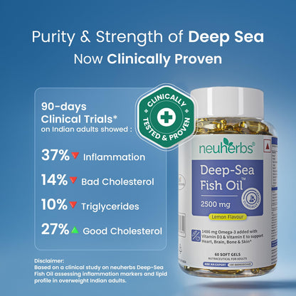 Neuherbs Deep Sea Omega 3 Fish Oil Supplement, Triple Strength 2500mg, Lemon Flavored with EPA DHA, Vitamins E & D3 - front v