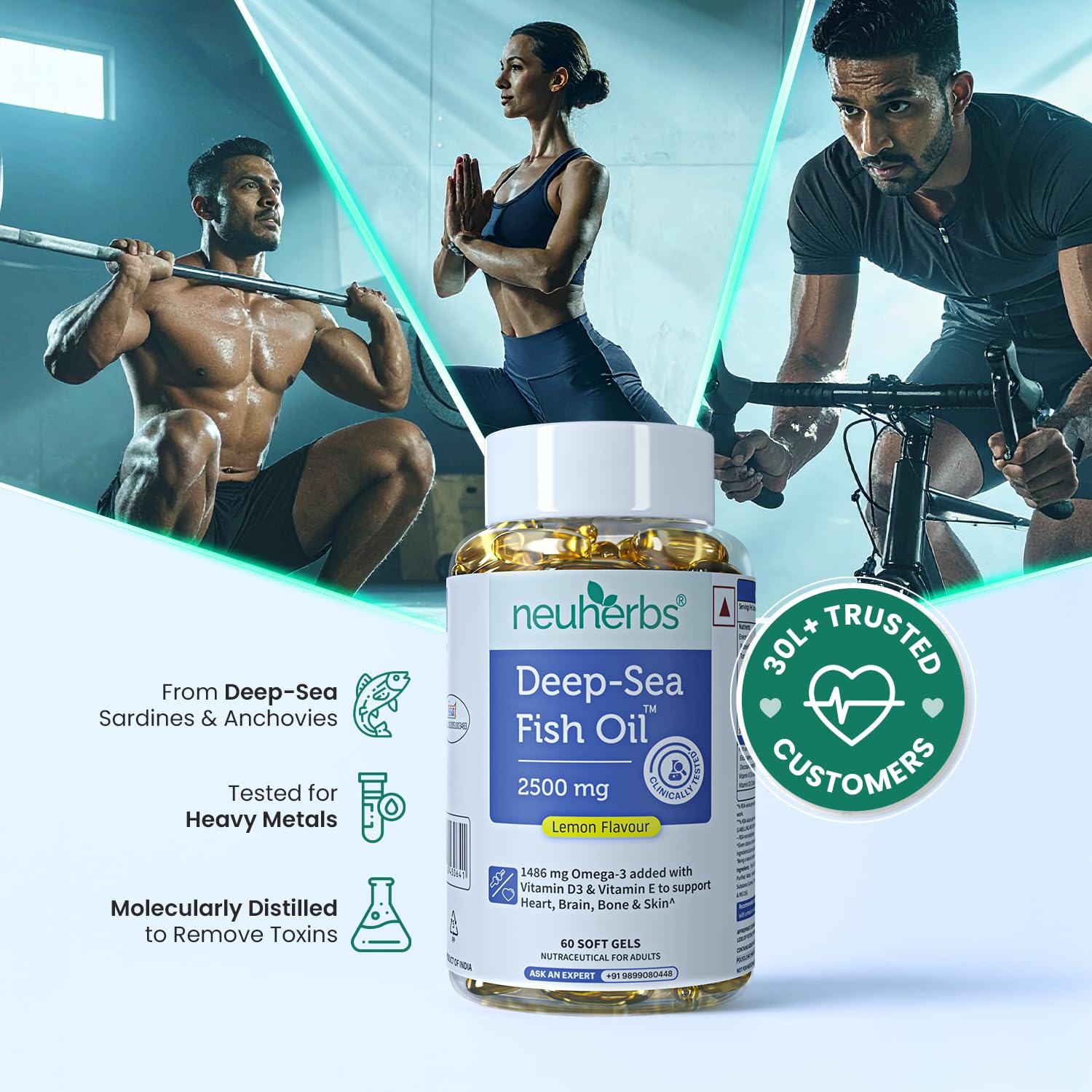 Neuherbs Deep Sea Omega 3 Fish Oil Supplement, Triple Strength 2500mg, Lemon Flavored with EPA DHA, Vitamins E & D3 - back vi