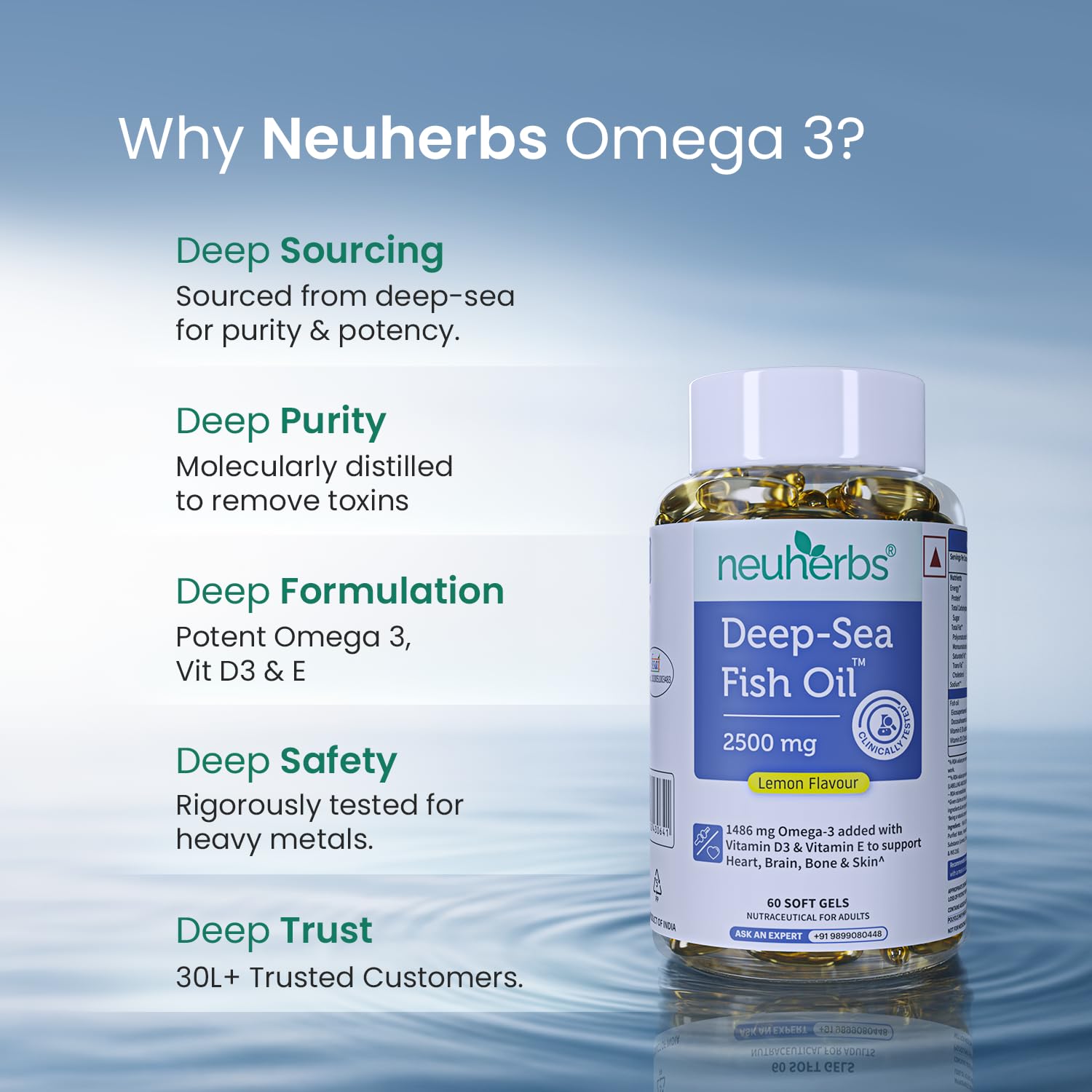 Neuherbs Deep Sea Omega 3 Fish Oil Supplement, Triple Strength 2500mg, Lemon Flavored with EPA DHA, Vitamins E & D3 - label d