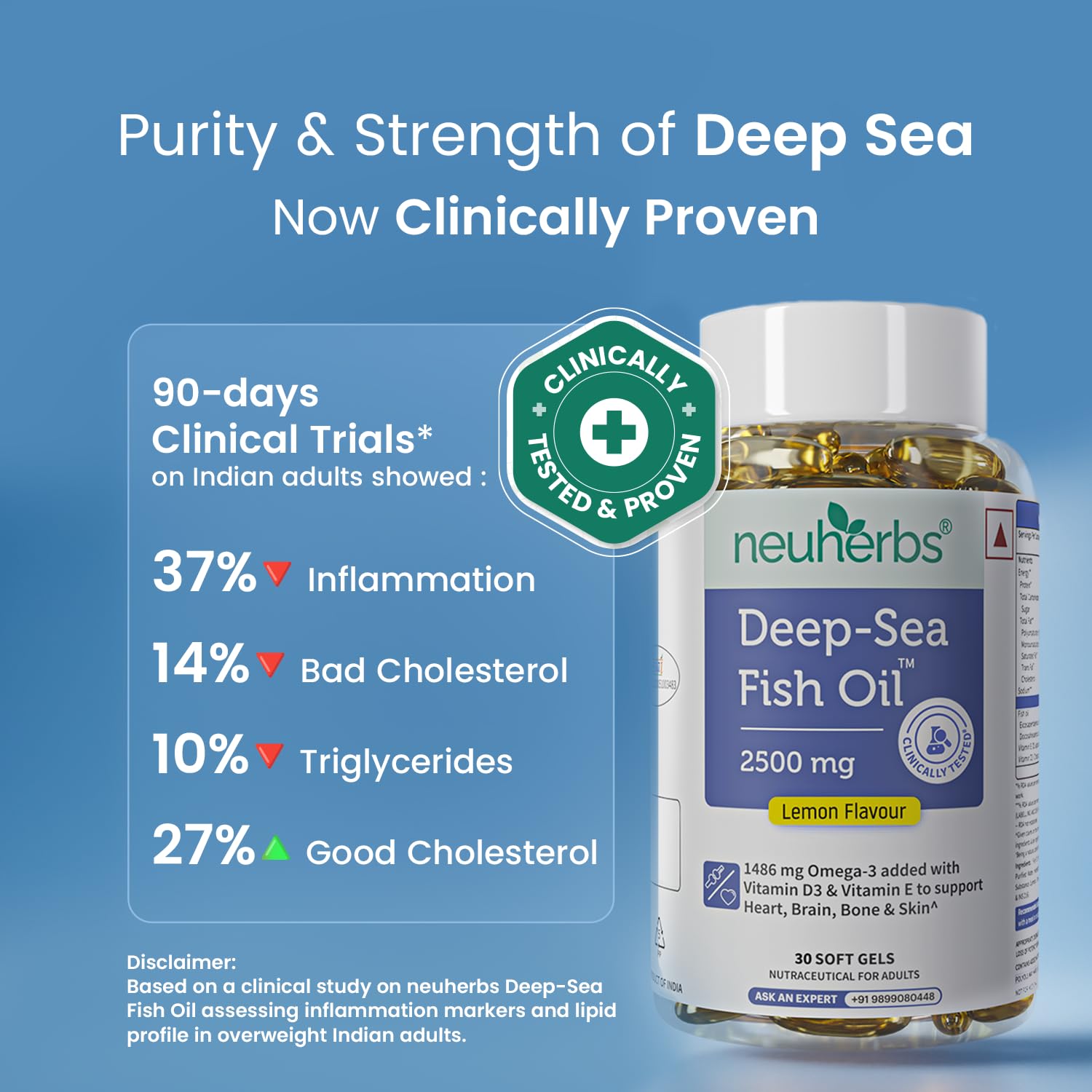Neuherbs Deep Sea Omega 3 Fish Oil Supplement, Triple Strength 2500mg, Lemon Flavored with EPA DHA, Vitamins E & D3 - front v